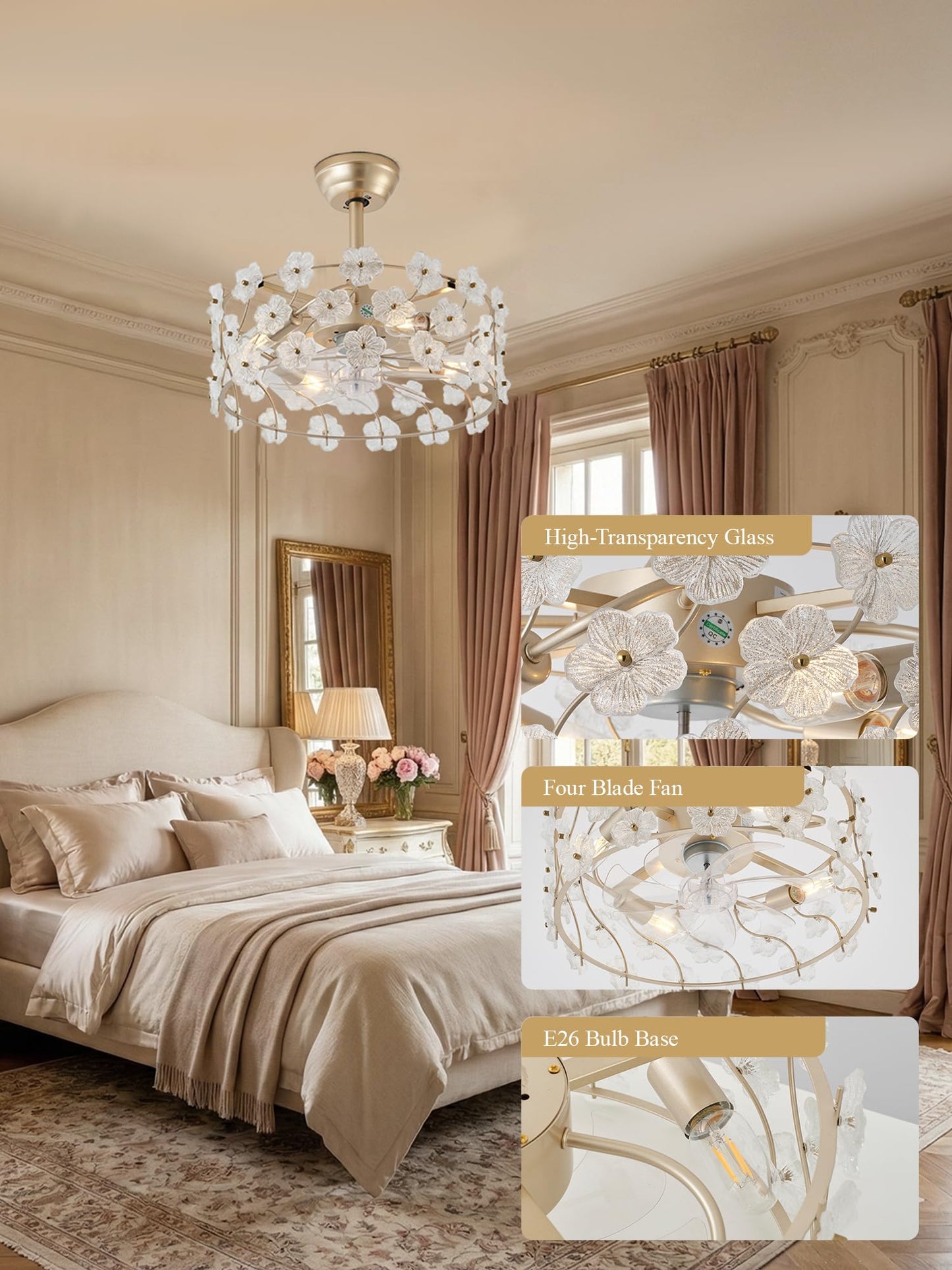 jorbeca 20" Flower Gold Crystal Fandelier Ceiling Fans with Lights Caged