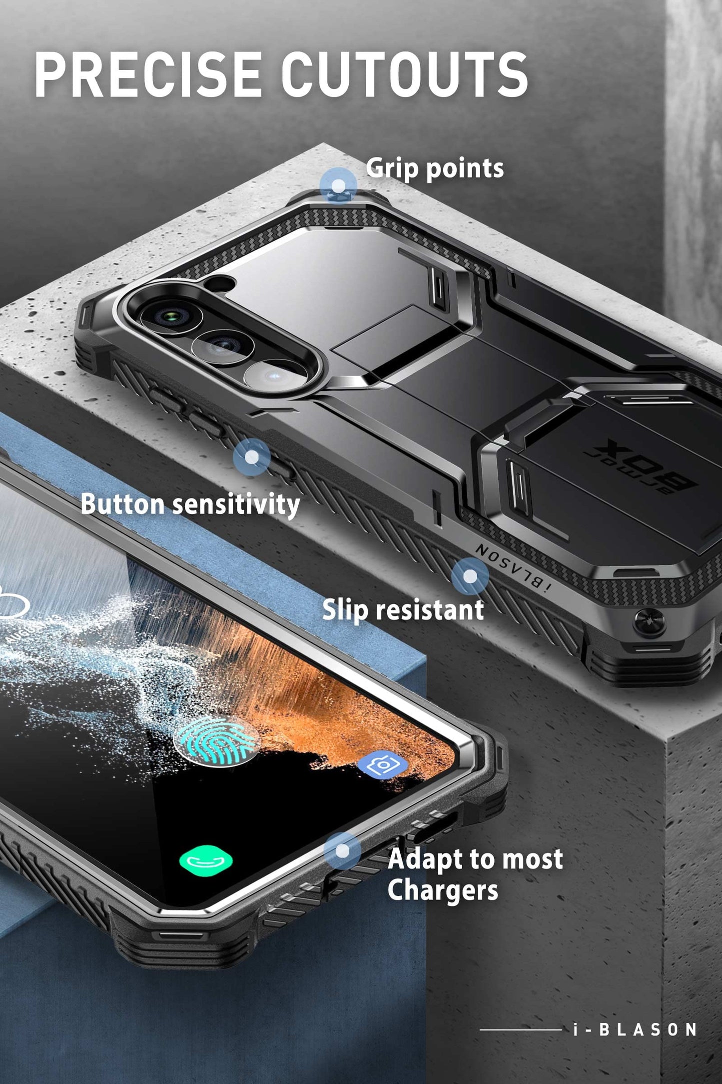 i-Blason Armorbox for Samsung Galaxy S23 Case with Stand & Belt-Clip [Built-in Screen Protector] [2 Front Frames] [Military-Grade Protection]
