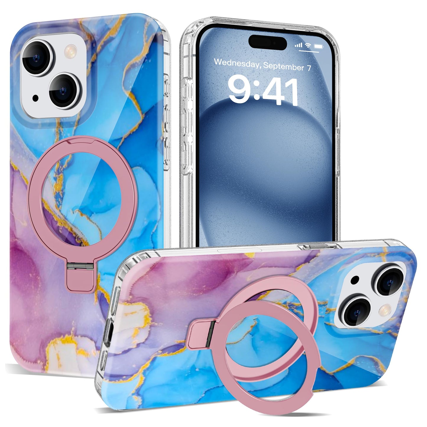 ETPESOK Compatible with iPhone 15 Plus Case Marble Pattern with Magnetic Ring Stand [Compatible with Mag-Safe] TPU Protective Phone Case for iPhone 15