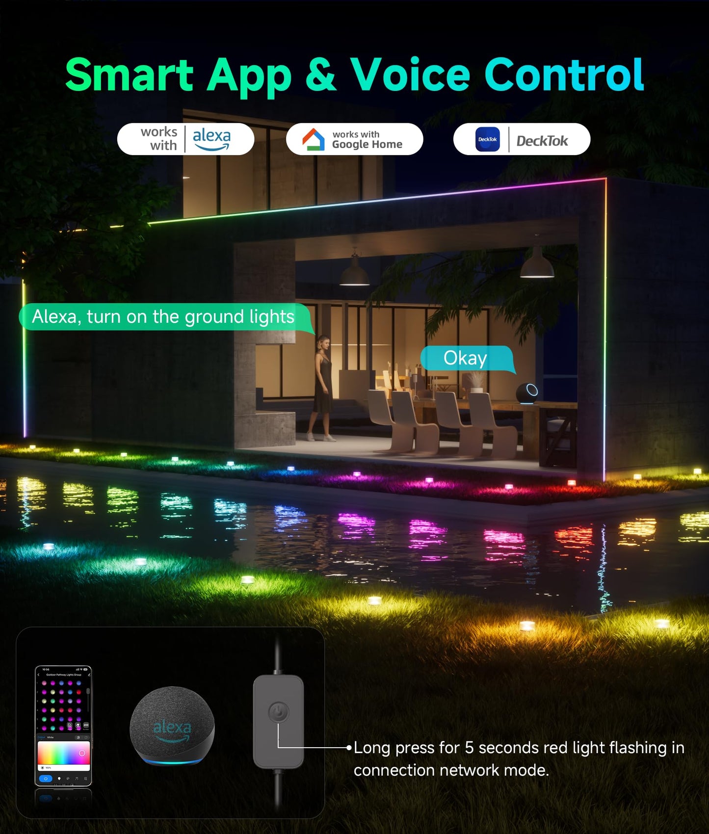 DeckTok Outdoor Ground Lights, 50ft Smart RGBCW LED Pathway Lights Work with Alexa, Google Assistant, 15 Pack IP67 Waterproof Landscape Lighting