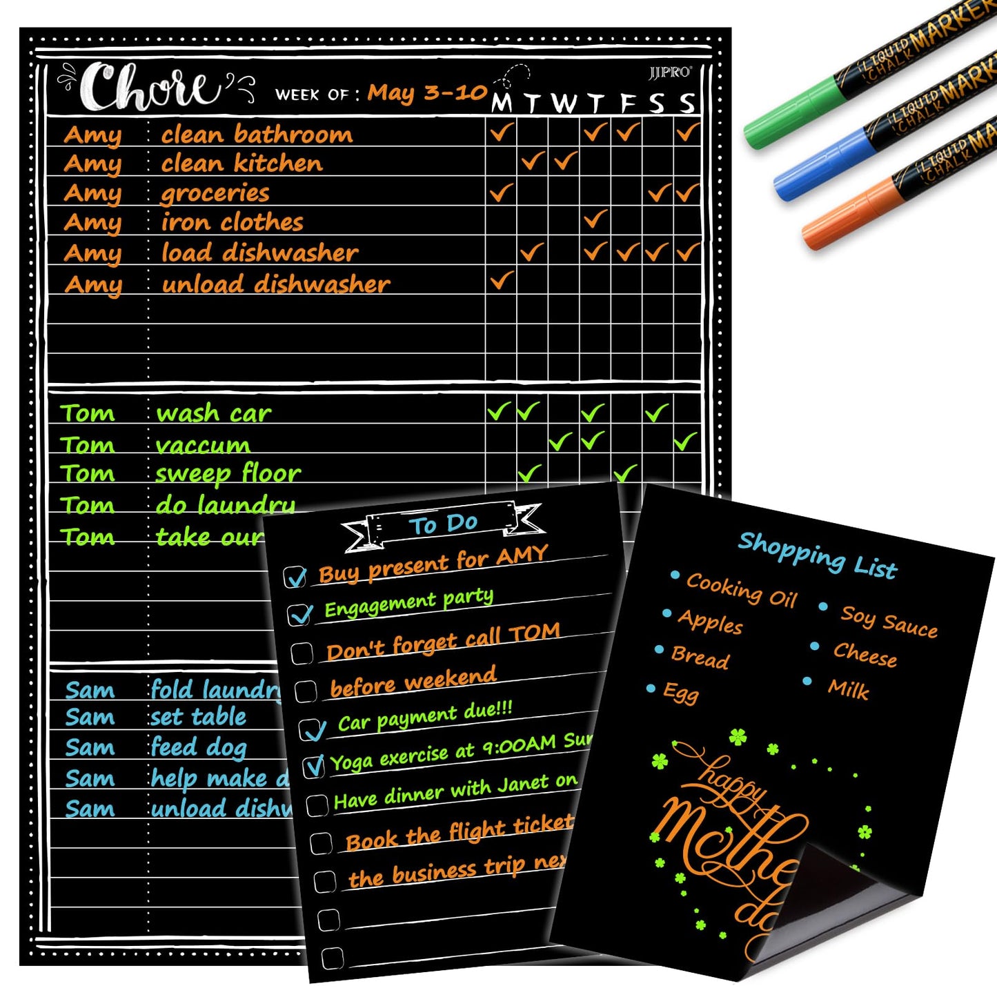 Magnetic Chalkboard Weekly Planner with neon Bright Liquid Chalk Markers - Black Refrigerator Weekly Planning Board w/Bonus - Grocery List and Notepad