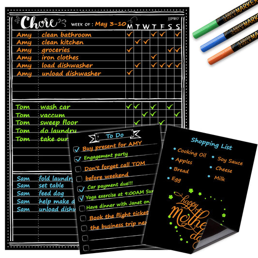 Magnetic Chalkboard Weekly Planner with neon Bright Liquid Chalk Markers - Black Refrigerator Weekly Planning Board w/Bonus - Grocery List and Notepad