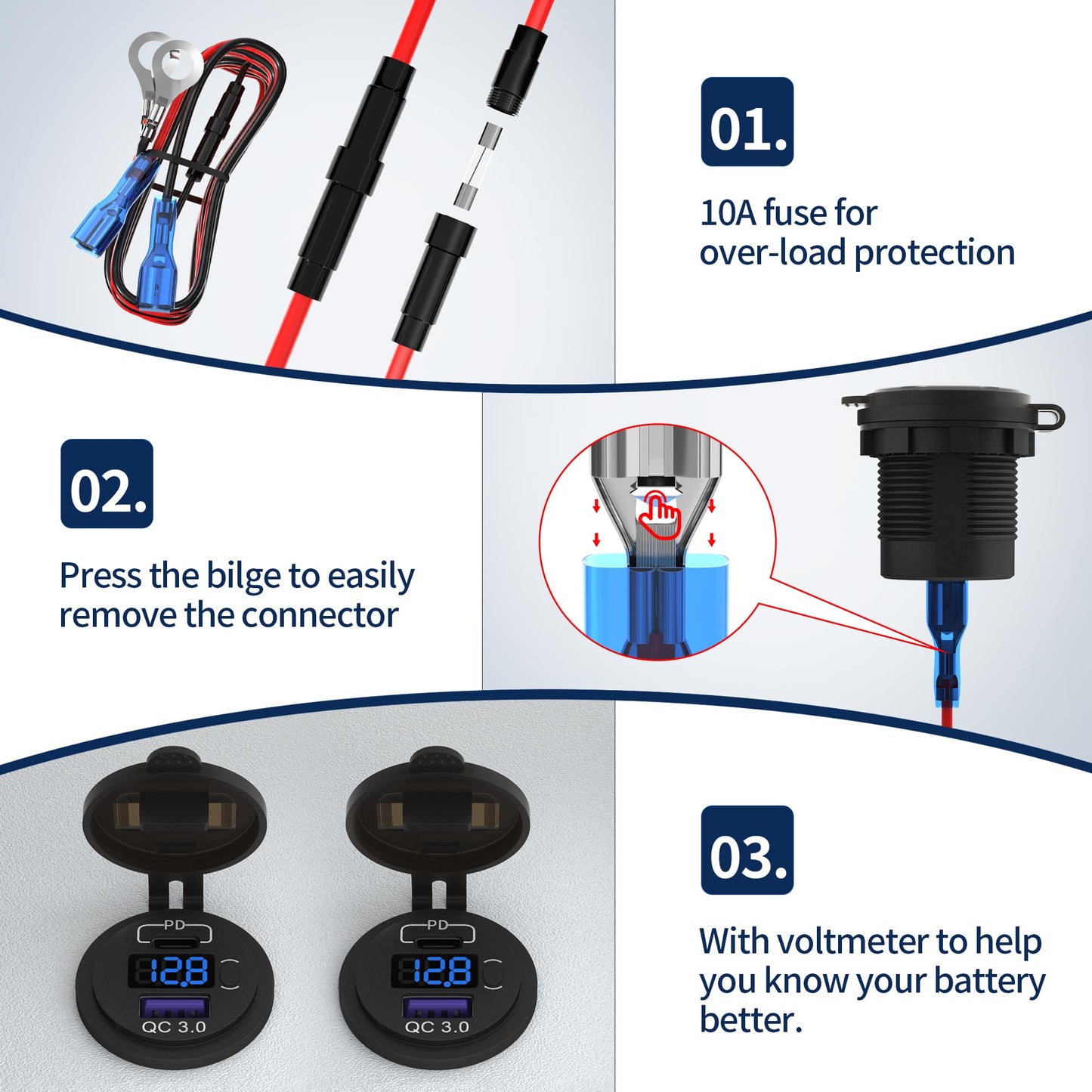 DaierTek 12V USB C Car Charger Socket 3-Pack - 48W PD & QC 3.0 Fast Charging Dual USB Outlet with Voltmeter & ON/Off Switch, Waterproof 12V Charging