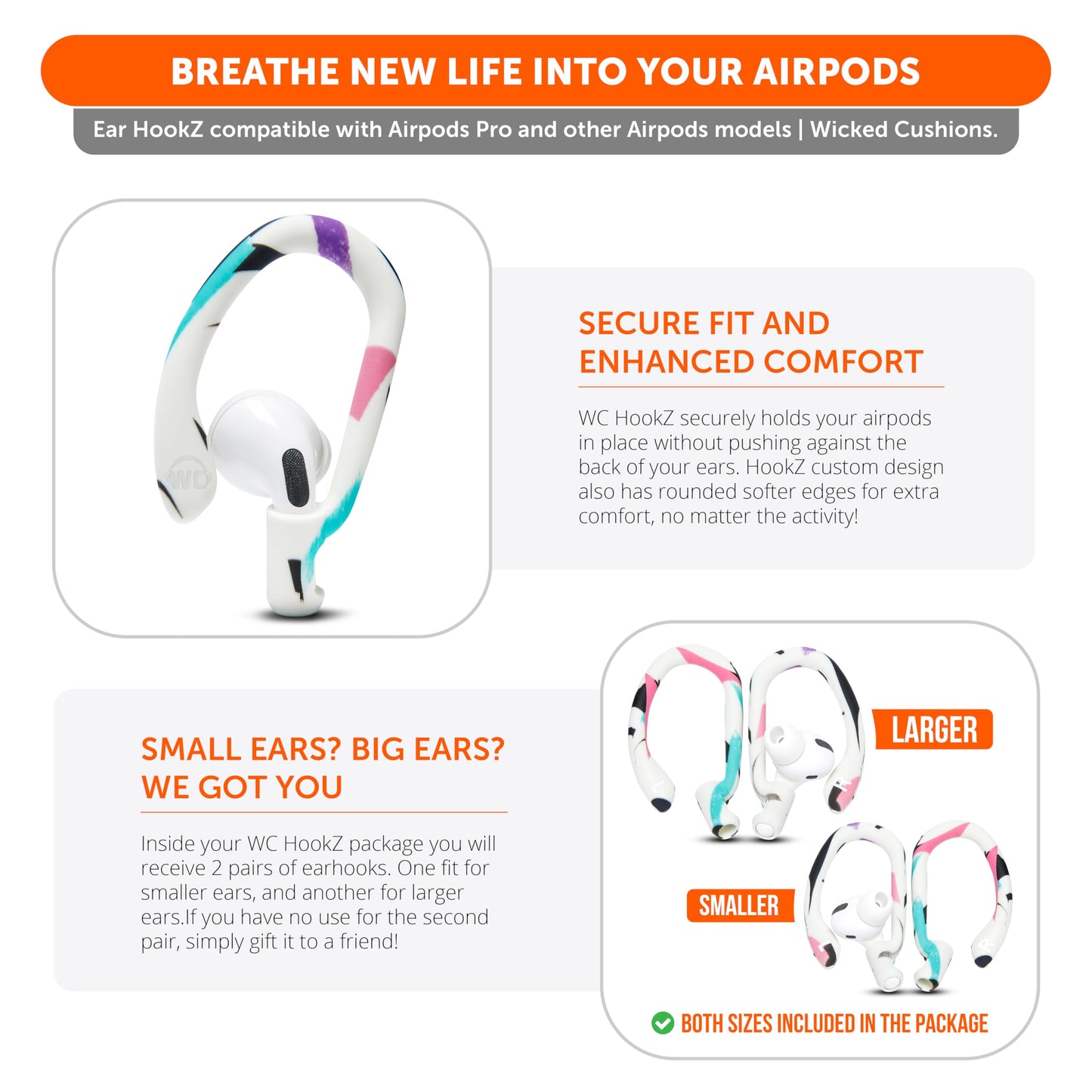 WC HookZ - Patented Upgraded Over Ear Hooks for AirPods Pro 1, 2 & AirPods 1, 2 & 3- Two Size Pairs Included in Package, Unique Left & Right Hook