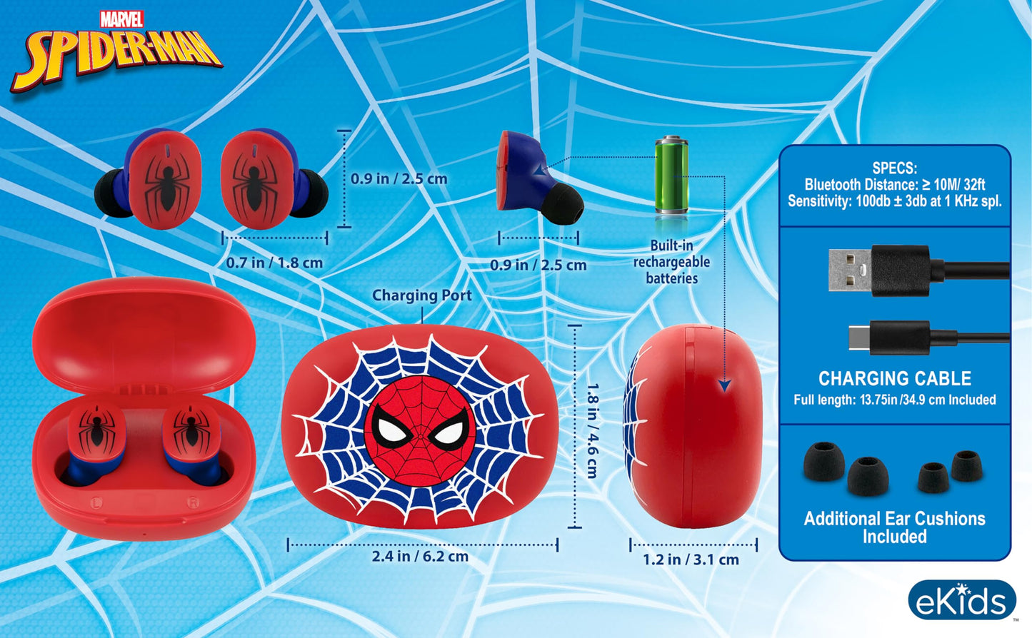 Spiderman Wireless Earbuds with Mic, Bluetooth Earbuds with Charging Case