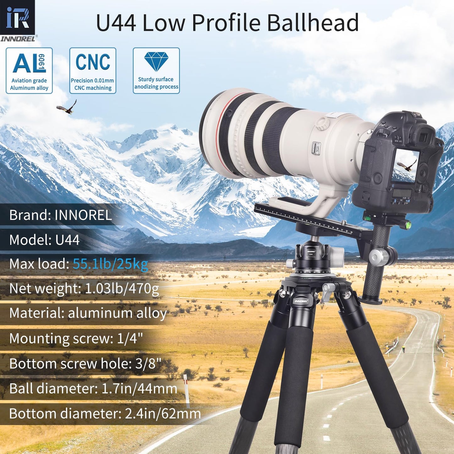 INNOREL 44mm Low Profile Camera Tripod Ball Head, CNC Metal Heavy Duty 360 Panoramic Tripod Head Compatible with Two Arca 1/4" Quick Release Plates