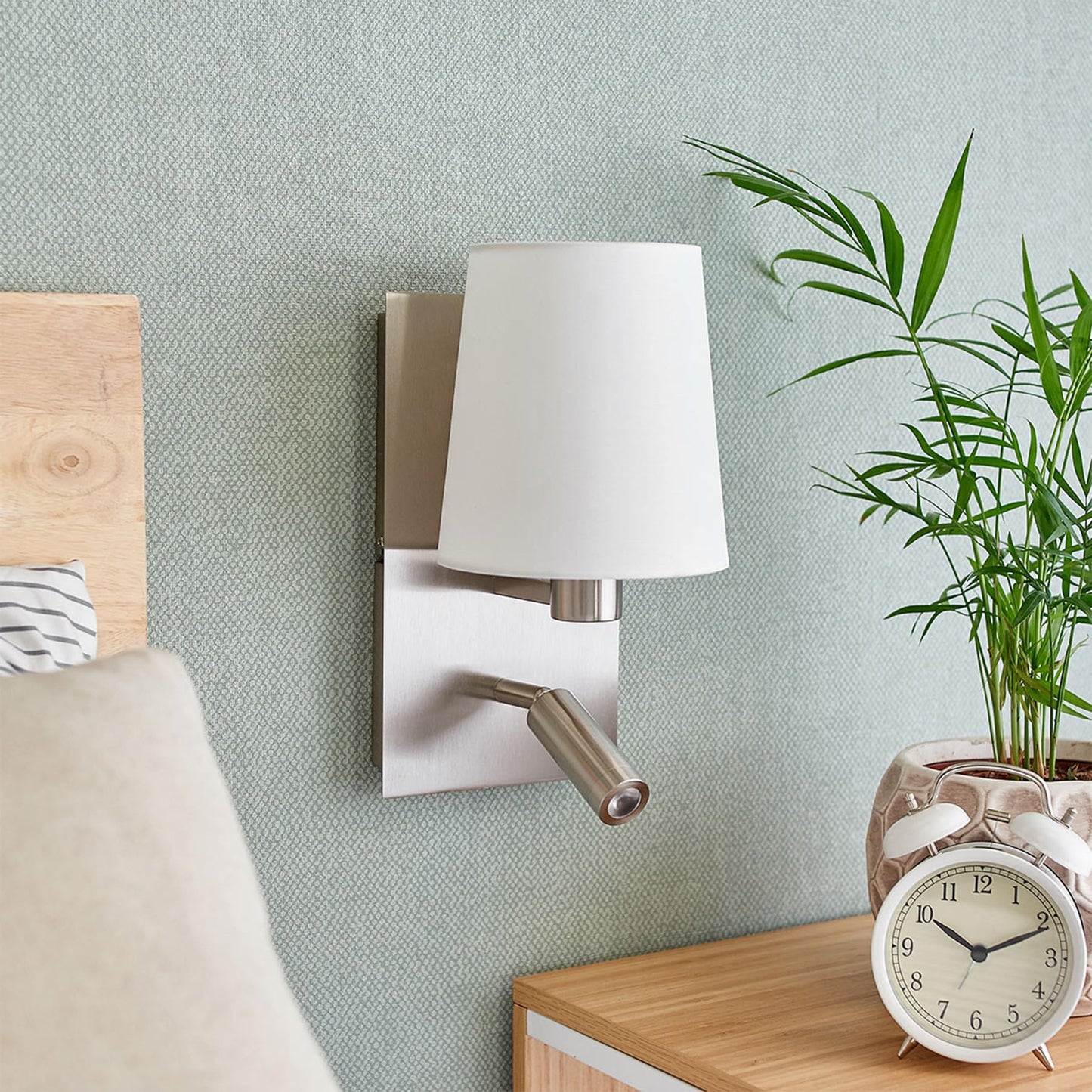 Lucande 12.1" Wall Sconce with Shade & Reading Light, White Fabric Wall Lamp for Bedroom, Silver Bedside Wall Light with LED Reading Light 3000K 205