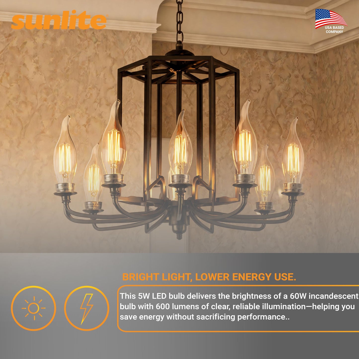 Sunlite LED Filament CA11 Flame Tip Chandelier Light Bulb, 5 Watts (60W Equivalent), 600 Lumens, Candelabra Base (E12), Edison Style, Dimmable, ETL