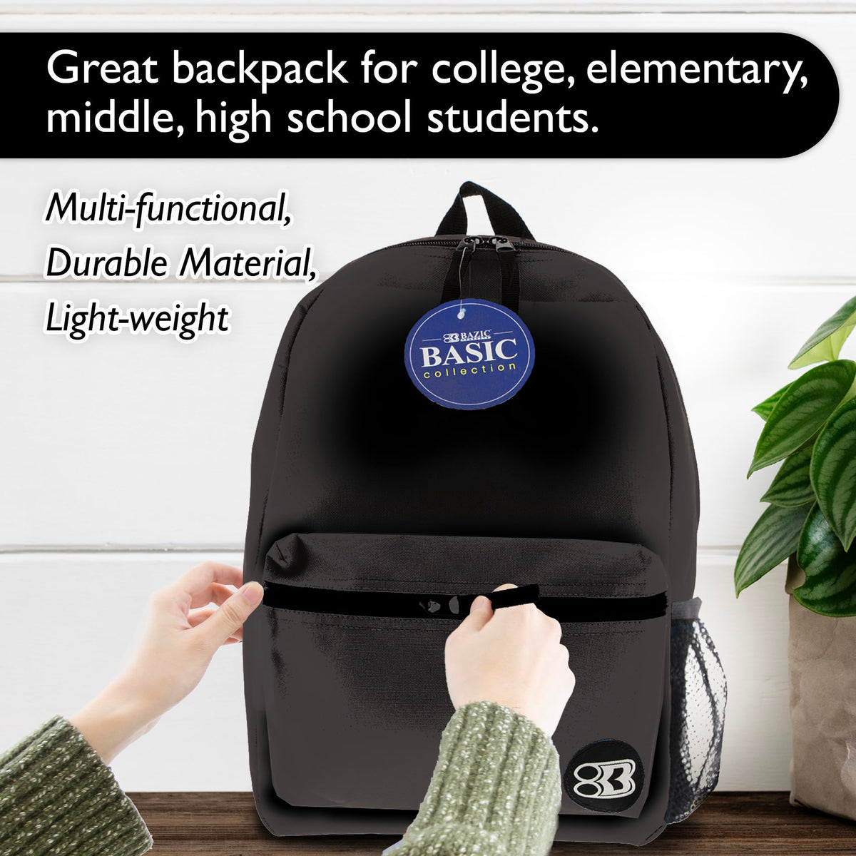 BAZIC School Backpack 16" Black, Lightweight School Bag Padded Back & Adjustable Strap for Students, Travel Bag Fit A4 Notebook, 1-Pack