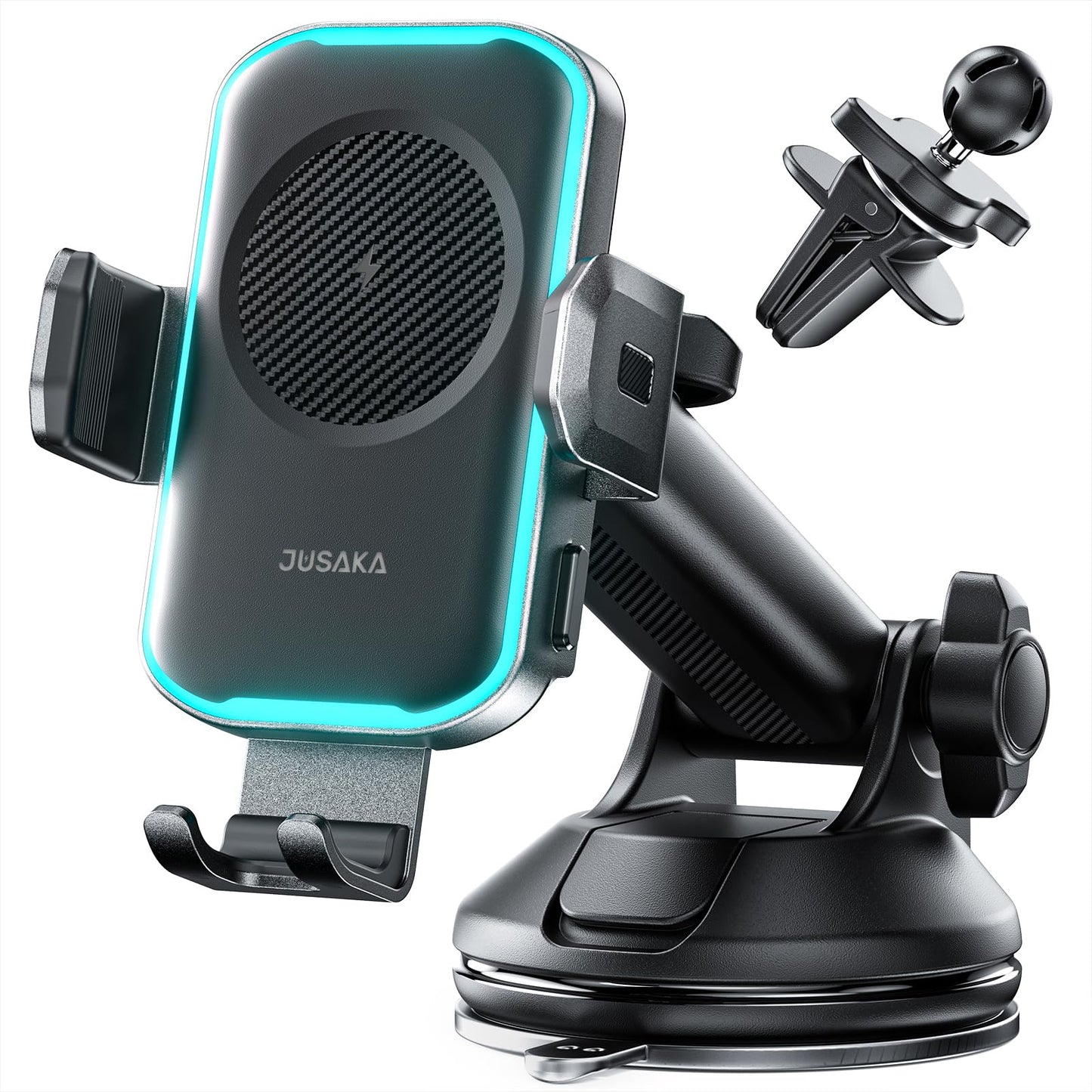 JUSAKA Wireless Car Charger,15W Fast Charging Auto Clamping Phone Holders for Your Car Compatible with iPhone 16/15/14/13, for Samsung Galaxy S24