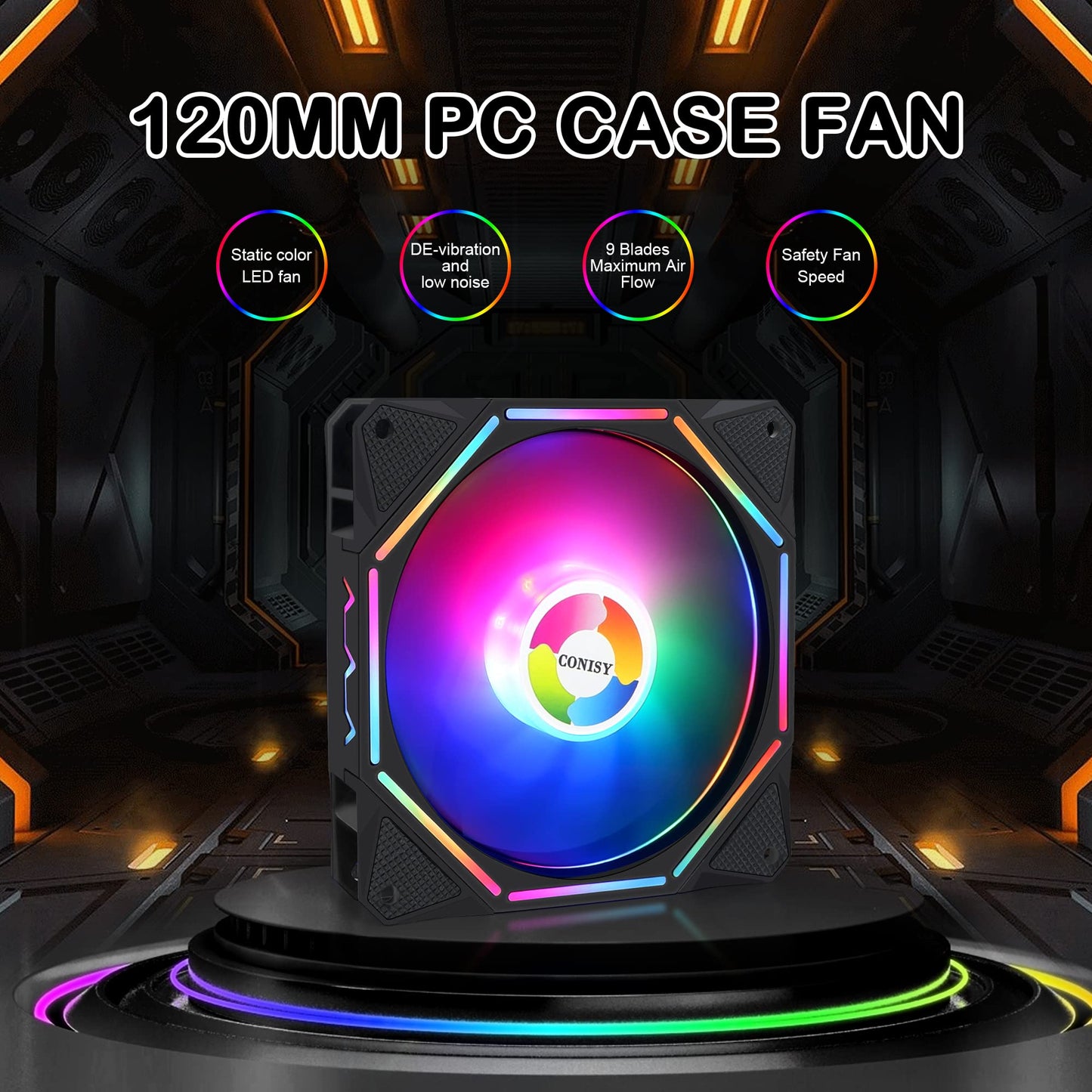 Conisy RGB LED Series 120mm Case Fan for Computer Case, Unique Ultra Quiet Long Life Gaming PC Cooling Fan - Colorful (1PCS)