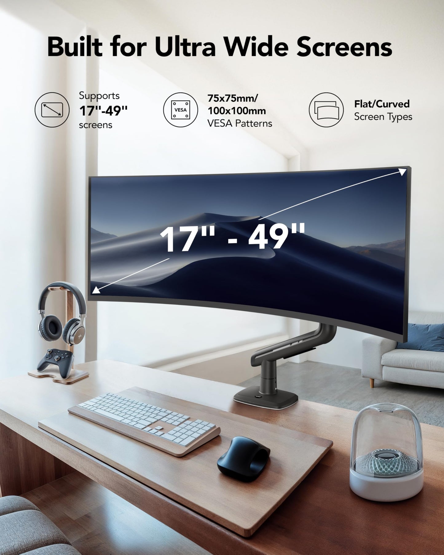 HUANUO TitanLift Heavy Duty Monitor Arm for Screens up to 49", Holds 44 lbs, Aluminum Ultrawide Screen Monitor Mount, Fully Adjustable Single Gaming