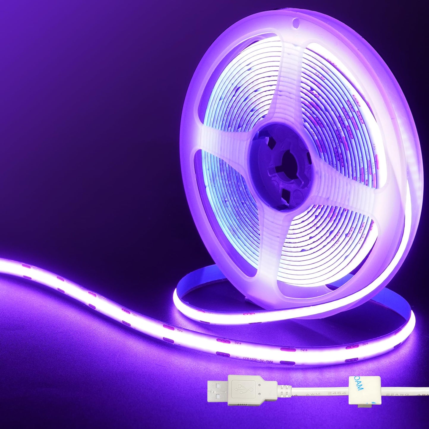 Clearhill 5V USB COB LED Strip Lights,9.84FT/3M,Purple,320LEDs/M,8mm Width,Not Waterproof IP20,1M USB Cable,Flexible LED Tape Light for DIY Home