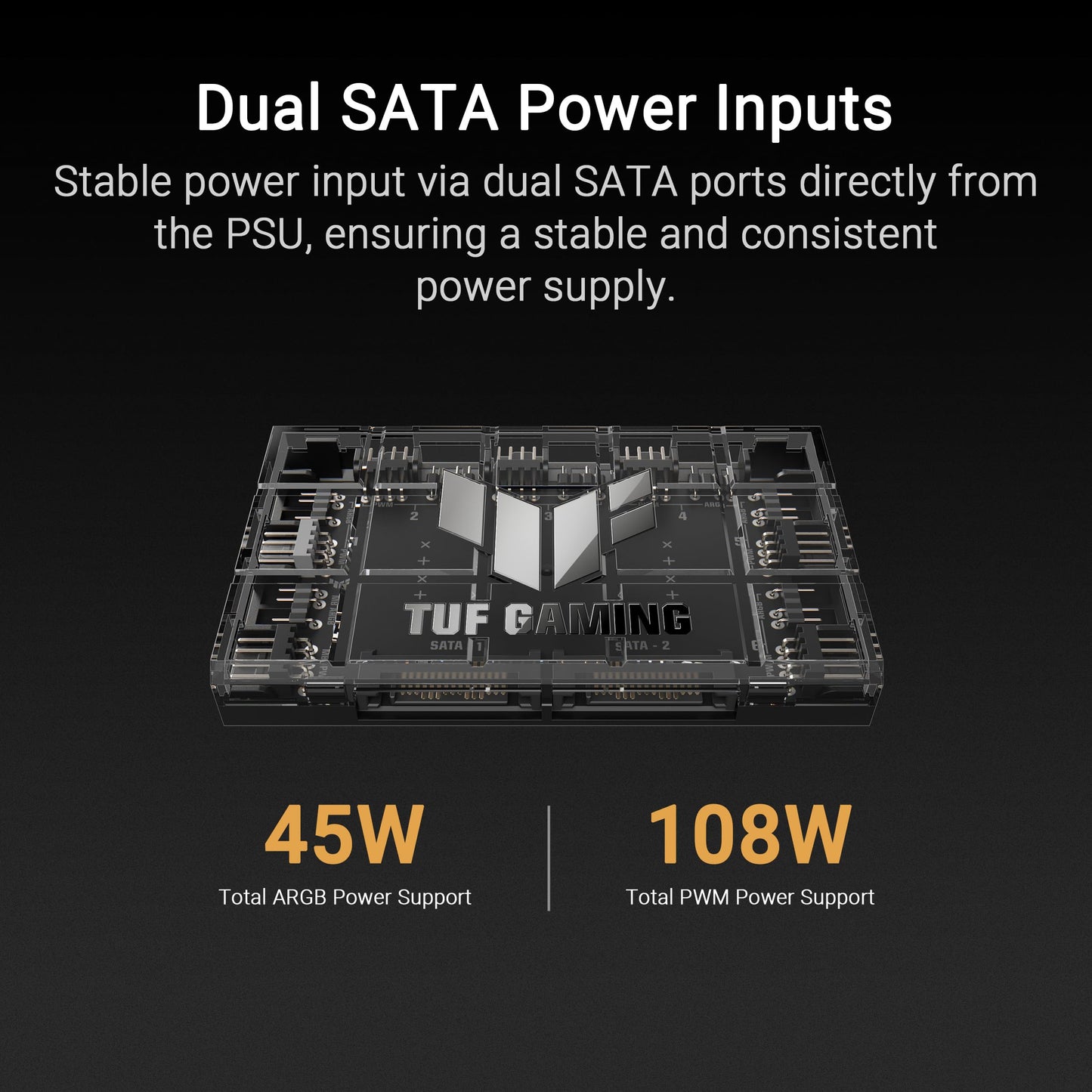 ASUS TUF Gaming ARGB PWM Fan Hub (Connects six case Fans, PWM Fan and RGB Connector, Clear Power and Operation Indicators, Stable Dual SATA Power