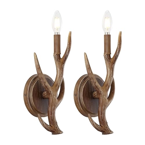 JONATHAN Y 5.5" Brown 1-Light Wood Finish Faux Antler LED Vanity Light Set of 2, Rustic Wall Sconces for Bathroom Mirror Hallway, Southwestern