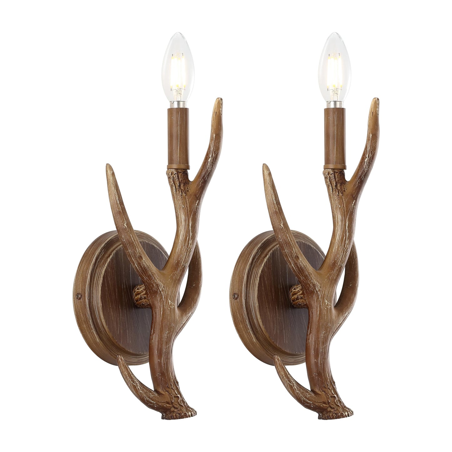 JONATHAN Y 5.5" Brown 1-Light Wood Finish Faux Antler LED Vanity Light Set of 2, Rustic Wall Sconces for Bathroom Mirror Hallway, Southwestern