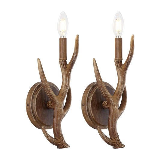 JONATHAN Y 5.5" Brown 1-Light Wood Finish Faux Antler LED Vanity Light Set of 2, Rustic Wall Sconces for Bathroom Mirror Hallway, Southwestern