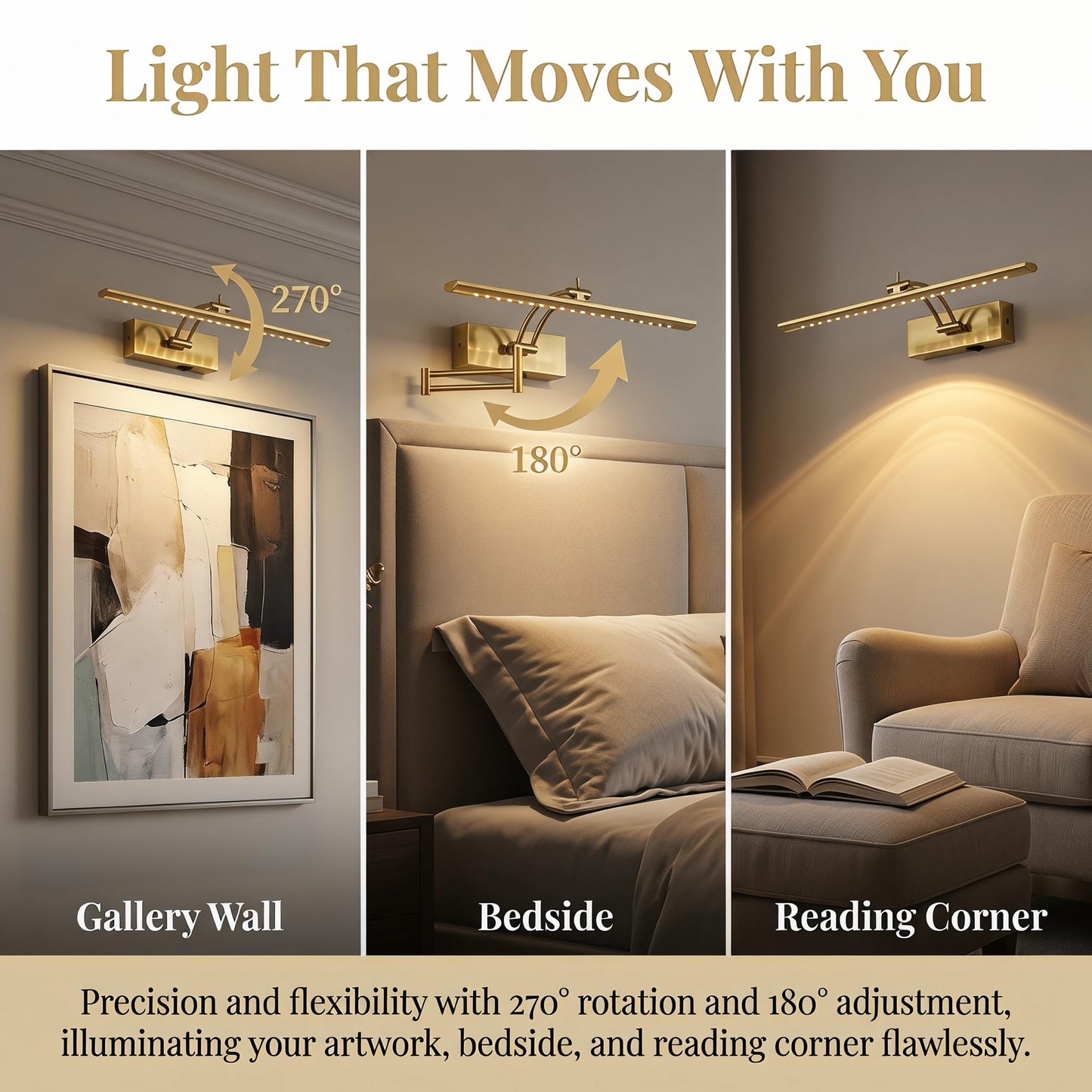 JOOSENLUX 16" Rechargeable Picture Light, Battery Operated Wireless Art Light with Remote, Dimmable Brass Gallery Wall Lamp for Paintings