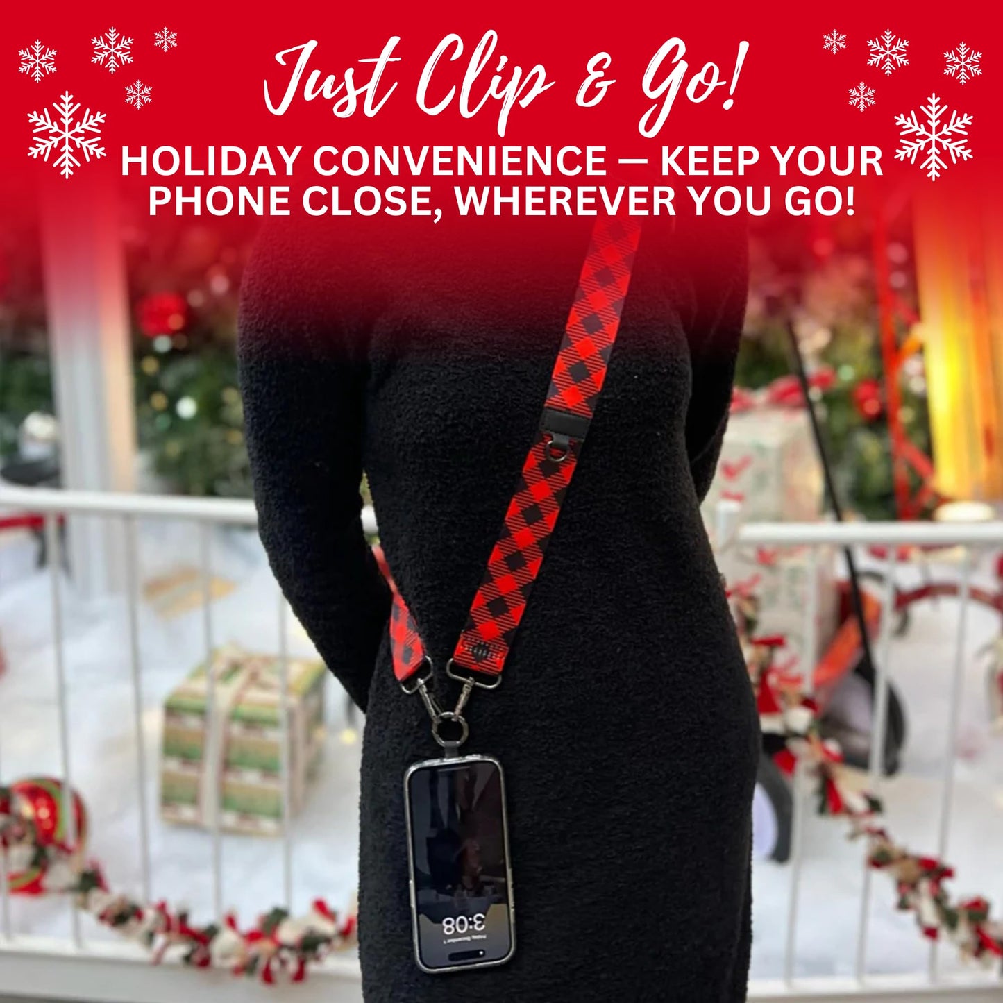 Save the Girls Clip and Go Crossbody Phone Strap in Christmas Plaid - Limited Edition Phone Lanyard for Women