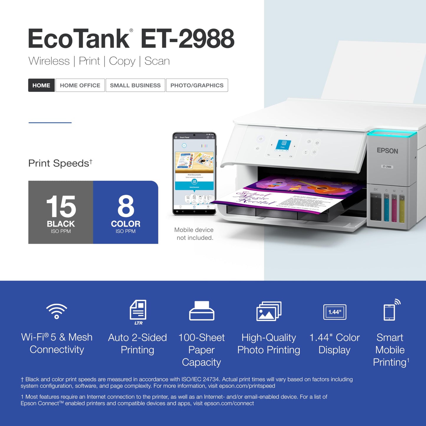 Epson EcoTank ET-2988 Wireless All-in-One Color Supertank Printer with up to 3 Years of Ink, Refillable Tanks, Perfect for Home, 15 PPM, 1.44" Color