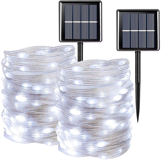 QITONG 2 Pack Upgraded PVC Solar Fairy Lights White, Each 33ft 100 LED String Lights Outdoor Waterproof, 8 Modes Solar Twinkle Mini Lights