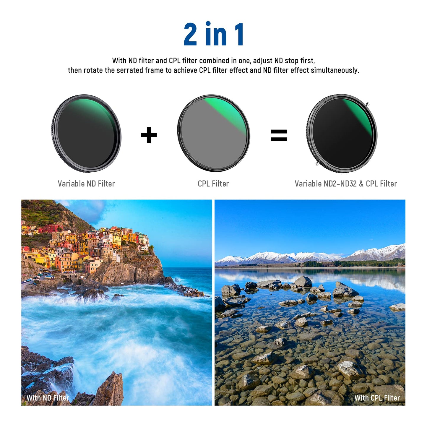 NEEWER 2 in 1 67mm Variable ND Filter ND2-ND32&CPL Filter(Circular Polarizer Filter) No X Cross/30 Layer Nano Coated/HD Optical Glass/Ultra Slim