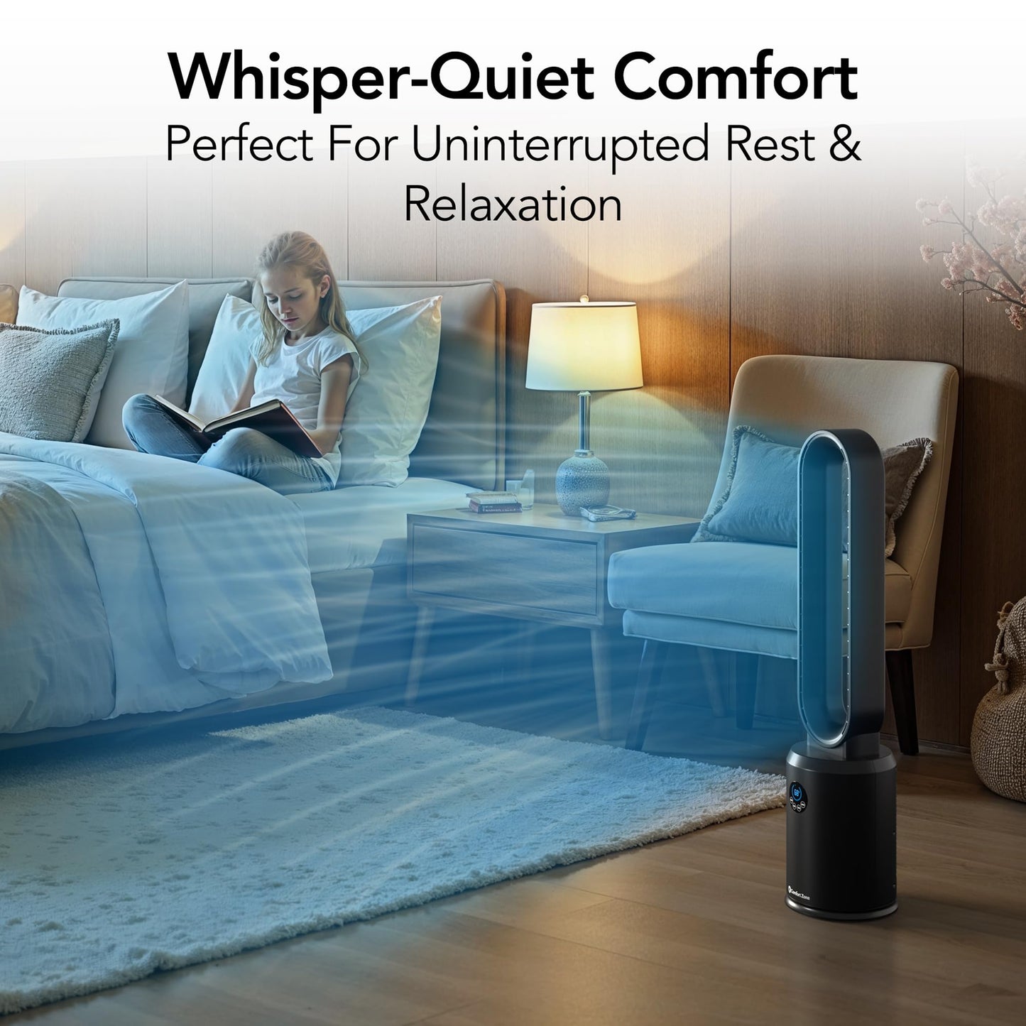 Comfort Zone 40-Inch Bladeless Tower Fan for Bedroom - Quiet Standing Fan with Remote Control, 9H Timer & Wide Area Oscillation - Turbocharged Airflow