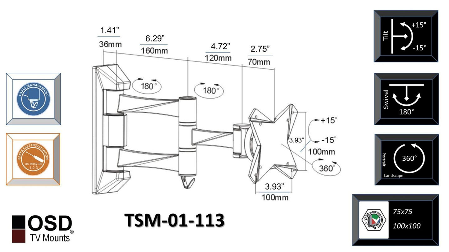 OSD Audio TSM-01-113 Full Motion Tilt and Swivel Wall Mount for 13-inch to 23-inch LCD TV