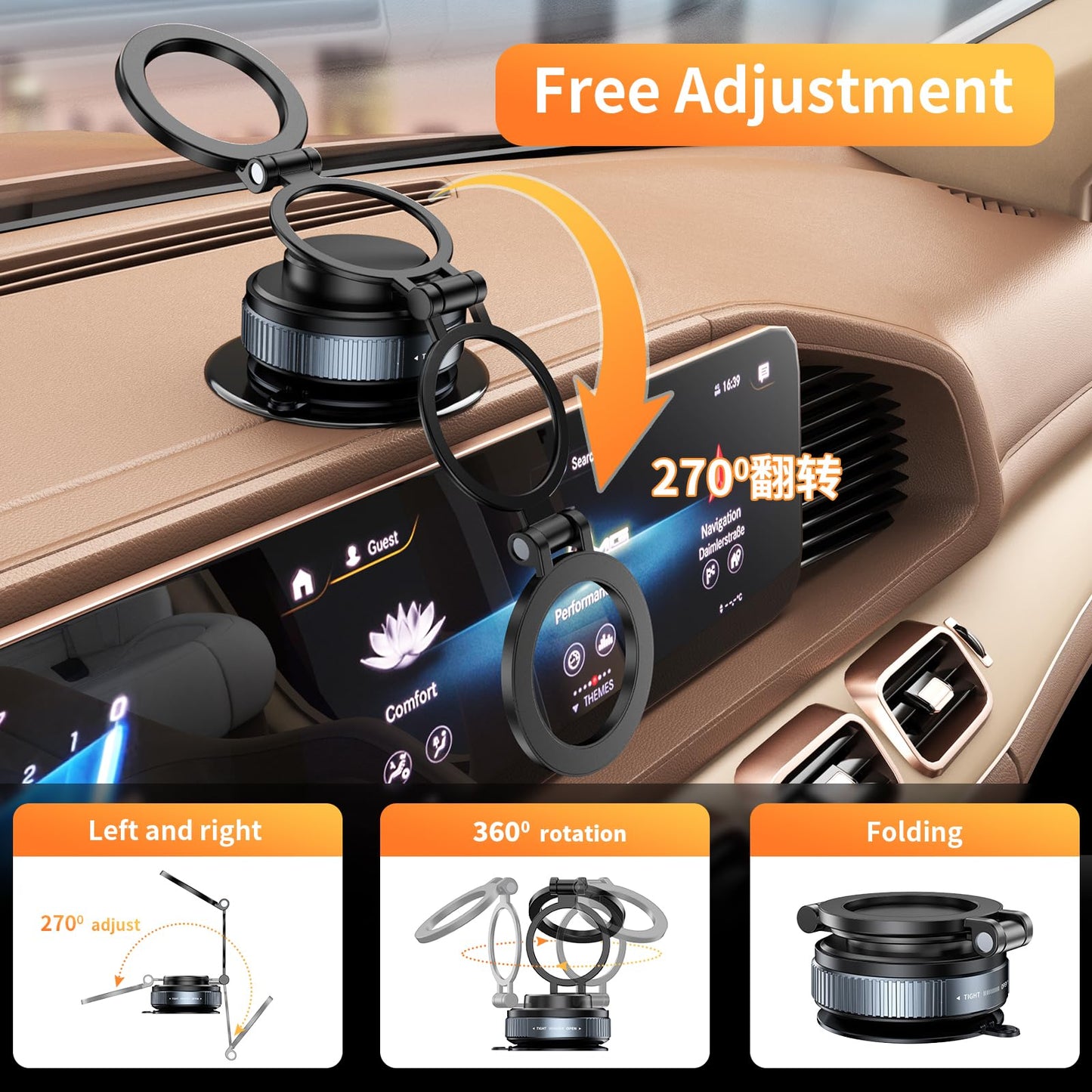 LENEZEN 2025 Upgraded Metal 360° Adjustable Vacuum Suction Cup Phone Mount [98LB Suction], Magnetic Phone Holder for Car, Foldable Portable iPhone