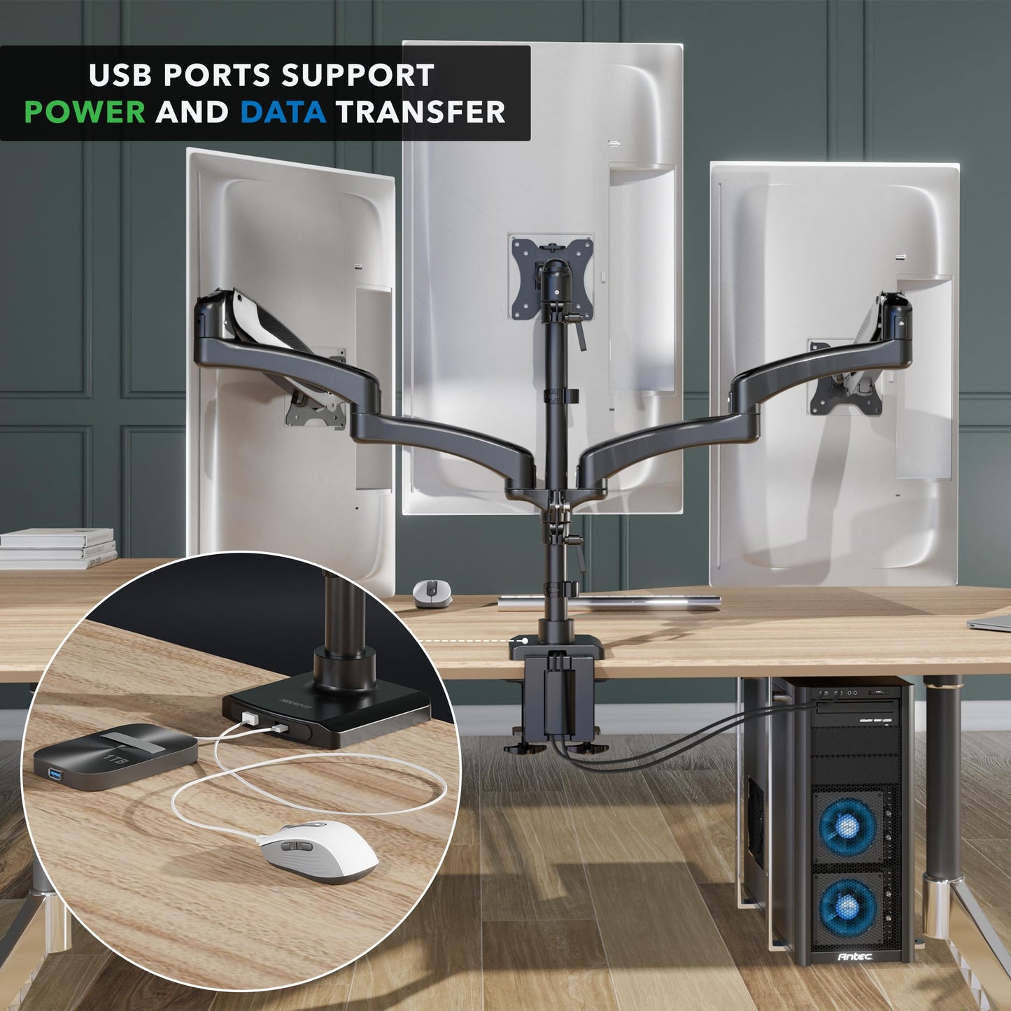 Mount-It! Triple Monitor Mount, 3 Monitor Desk Mount with Gas Spring Arms, Fits 13-32 Inch Screens up to 17.6 lbs per Arm, VESA 75 & 100, Clamp or