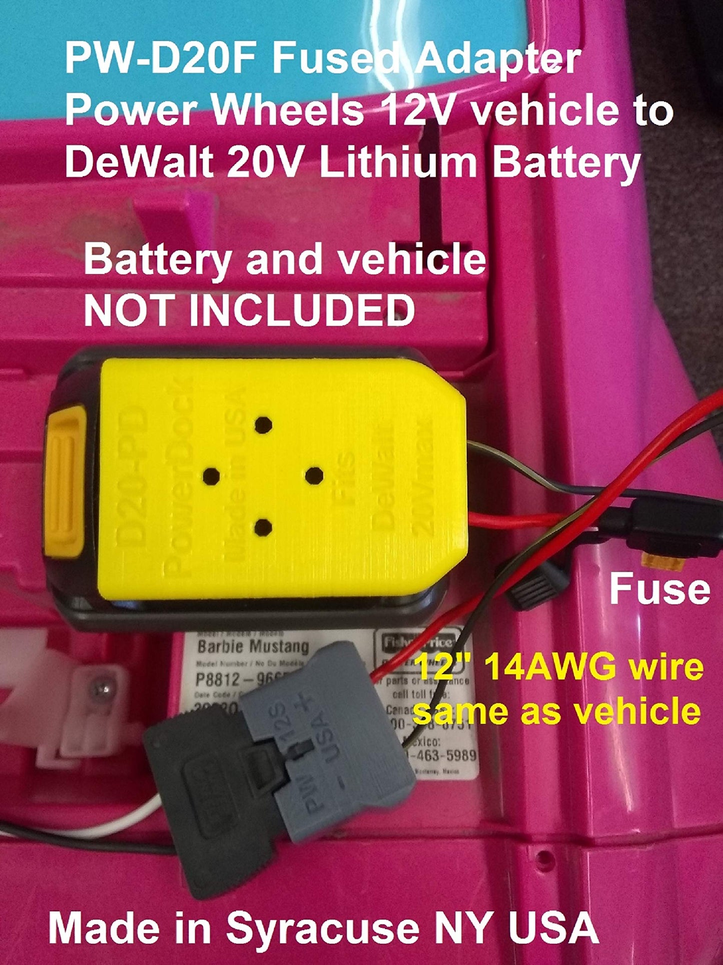 PW-D20F Adapter. Compatible with Power Wheels 12V Vehicle and Compatible with DeWalt D20 Litihium 20V Battery with Fuses USA