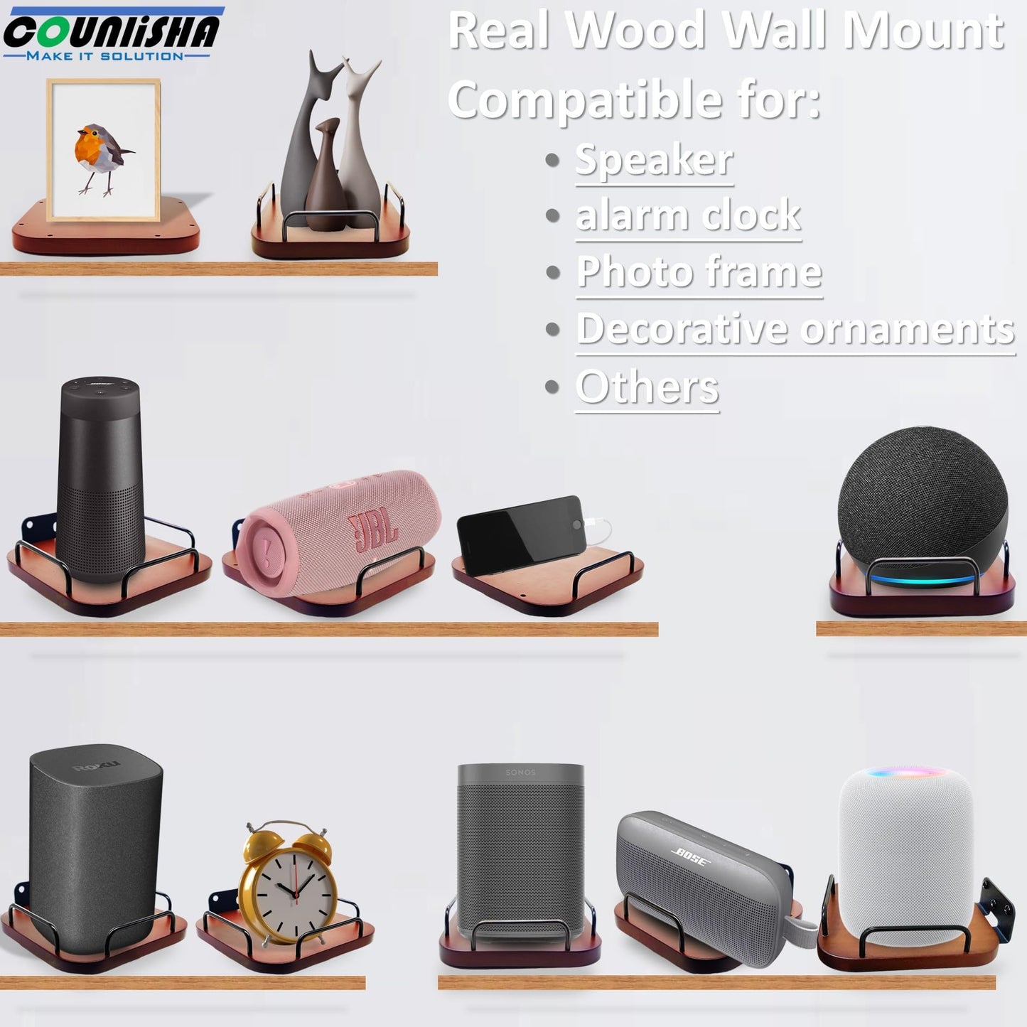 Universal speaker wall mount for roku speaker,homepod 2nd,adjustable real wood wall bracket holder shelves for homepod mini,homepod 2nd,Bose,JBL