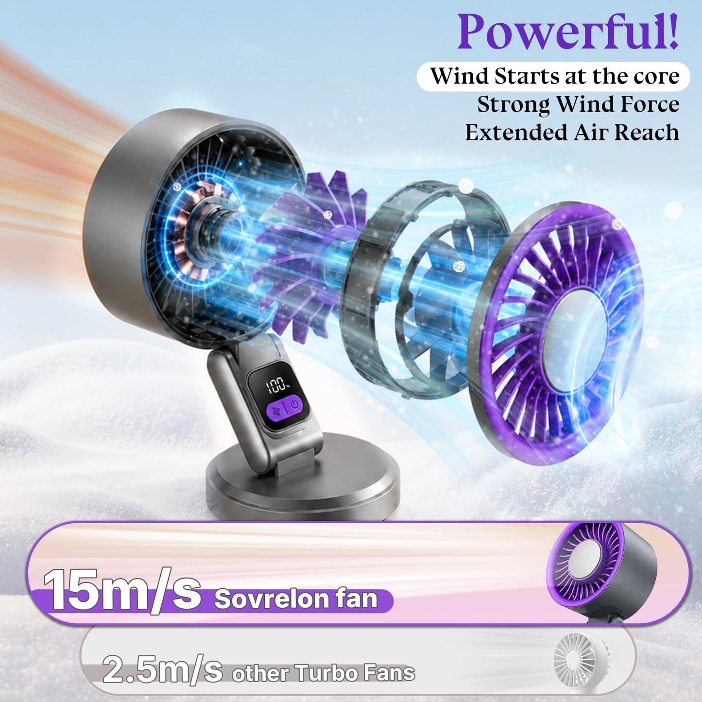 Sovrelon Desk Fan with Ice Cooling, 199-Speed Digital Display, Portable cordless Personal Fan 3600mAh Rechargeable, 180°Adjustable TiltQuiet Table Fan