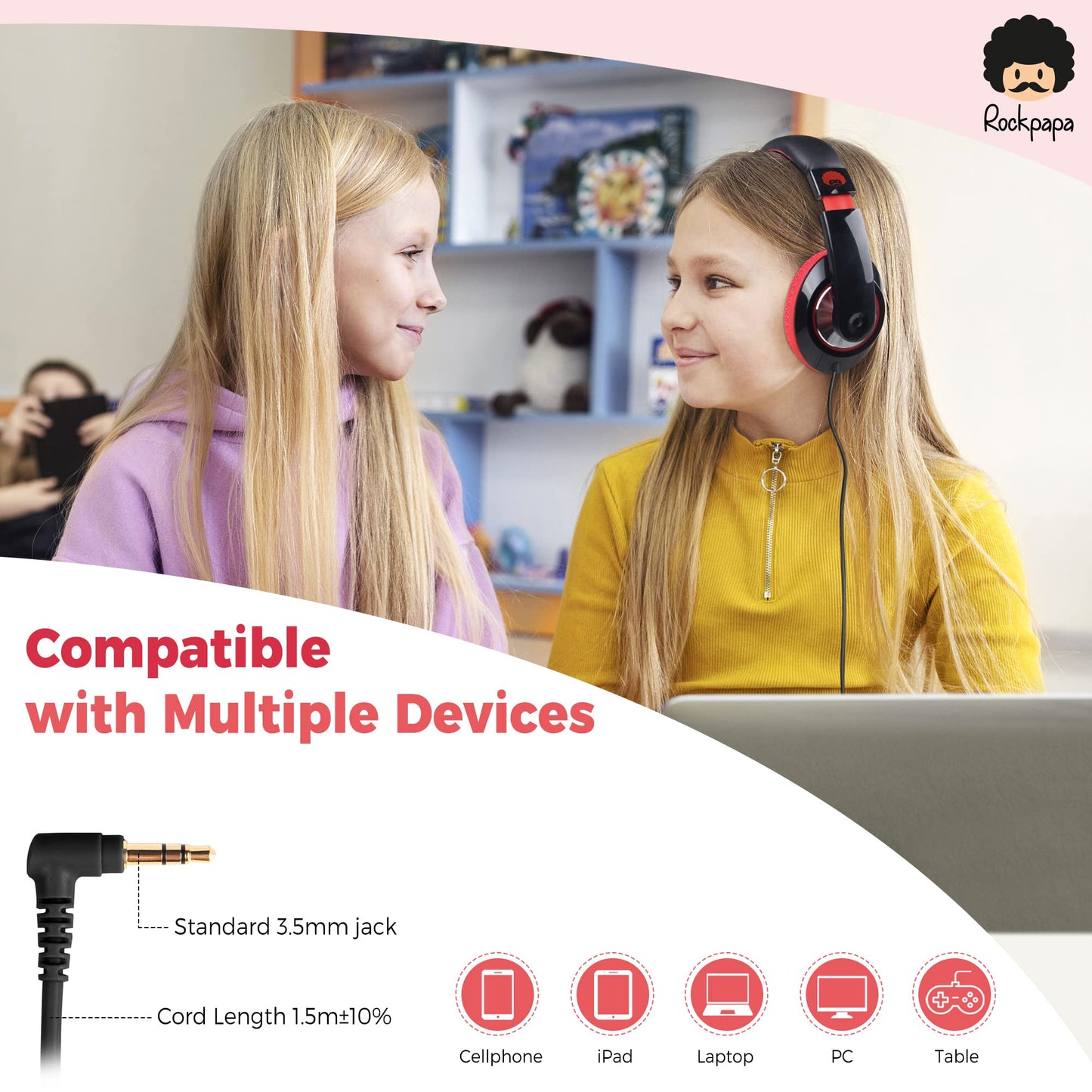 rockpapa Comfort Kids Headphones for School, Lightweight Childrens Boys Girls Teens Over-Ear Headphones Wired 3.5mm for CD DVD Player Tablet Phone…