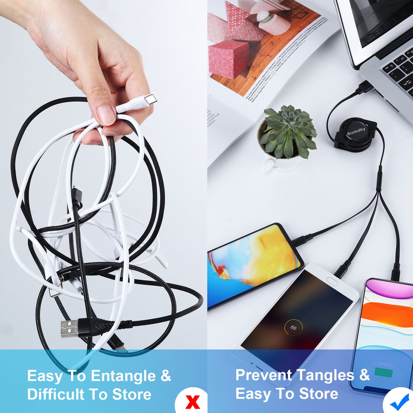 Aywenny [2026 Upgraded] 3 Pack Multi Retractable Charging Cable, 3 in 1 USB Charging Cable with USB C/Micro USB/Phone Port, 3.3FT Charging Cable