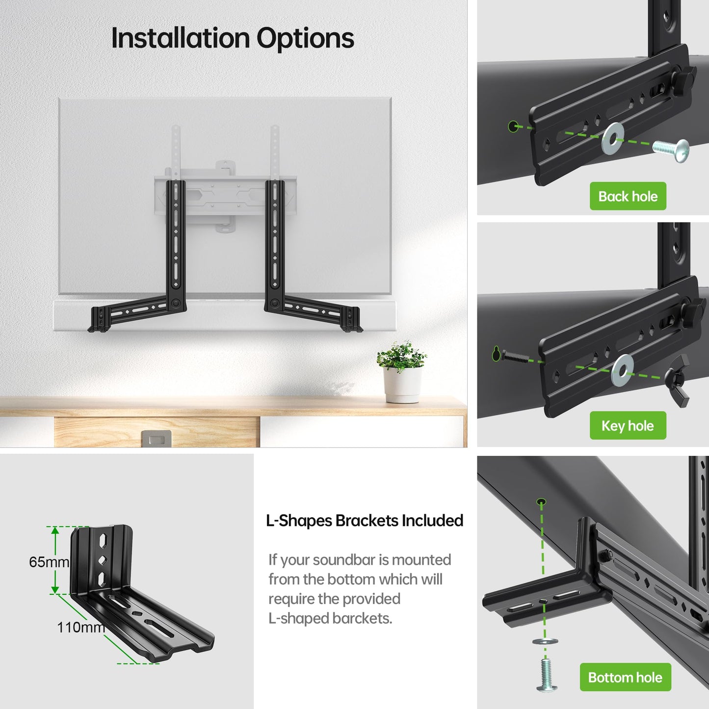 USX MOUNT Soundbar Mount, Sound Bar Mount for Mounting Above or Under TV, Fits Most of Sound Bars Up to 16 Lbs, with Detachable Extension Plates