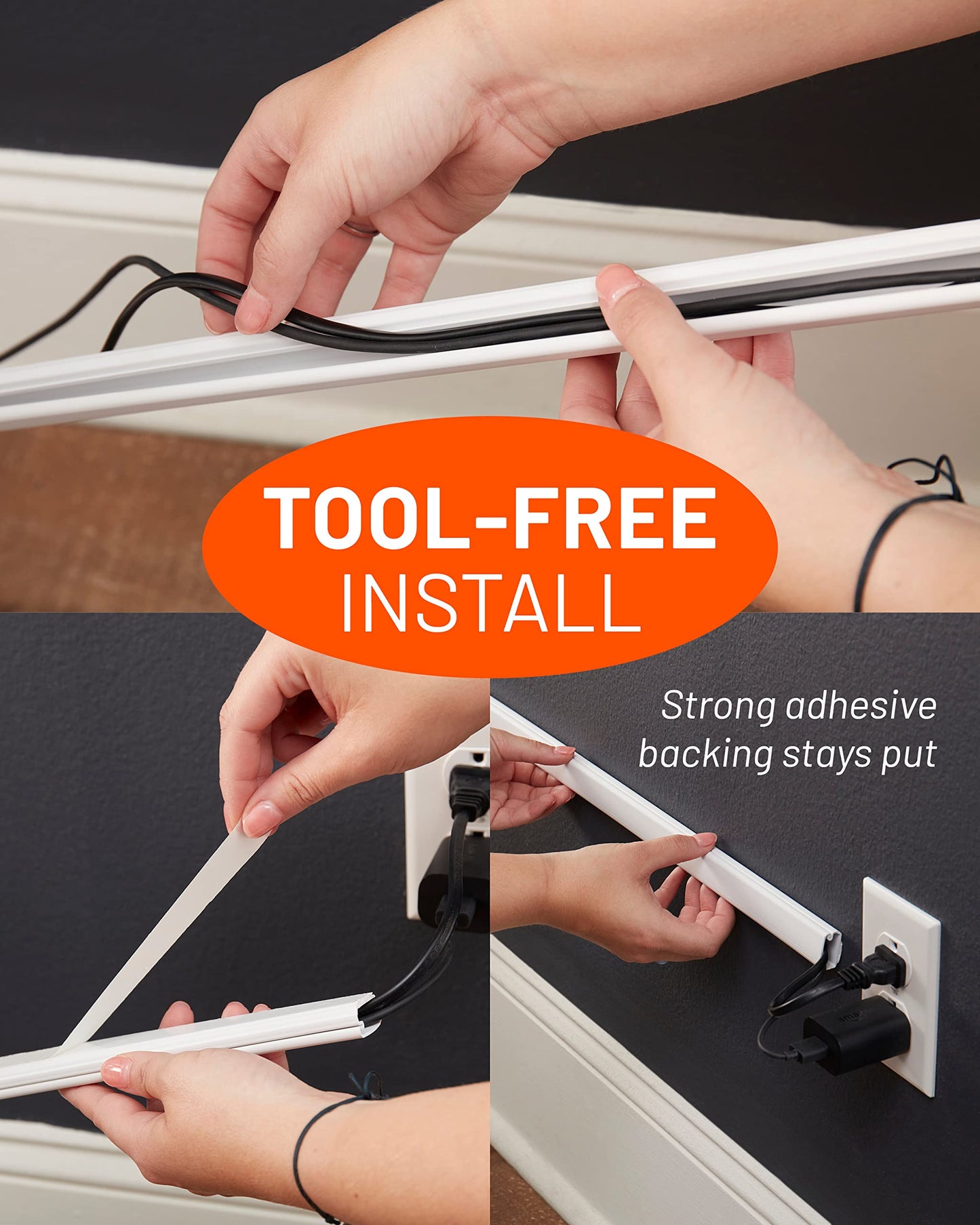ECHOGEAR Cord Cover for Wires On Wall - Peel & Stick Cable Hider Channel with 10 feet of Plastic Raceway Plus Connector Pack - Ideal for Wall Mounted