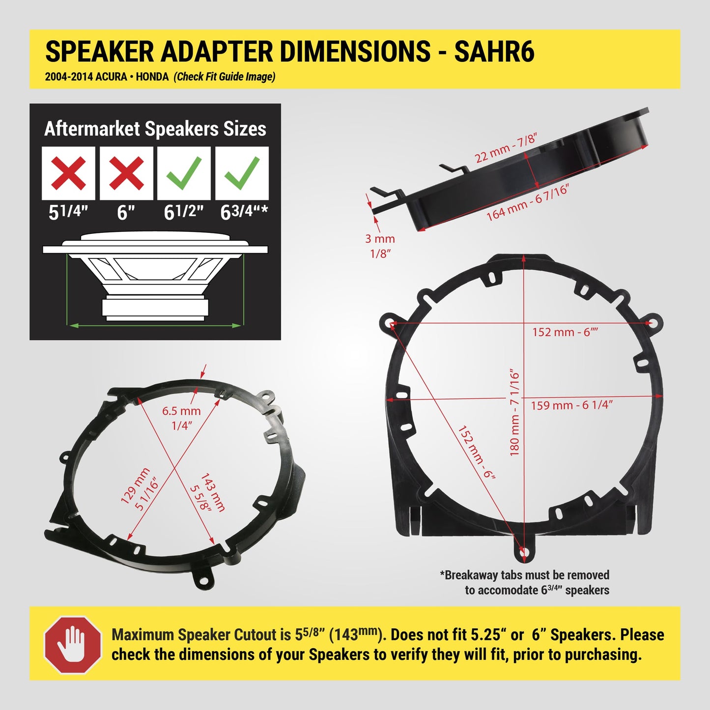 Scosche SAHR6 6.5-6.75” Speaker Adapters Compatible with Select 2004-14 Acura and Honda Vehicles - 6 1/2" to 6 3/4" Adapter Spacer for Car Door