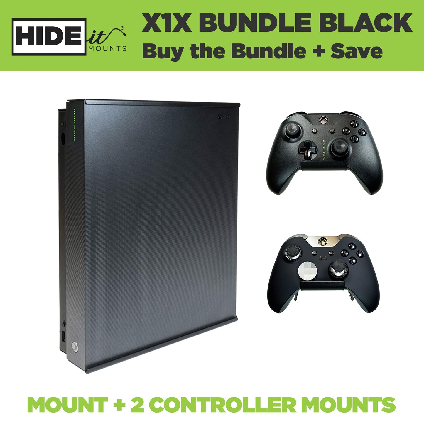HIDEit Mounts X1X Bundle, Wall Mounts for Xbox One X and Controllers, Steel Mounts for Xbox One X and Two Controller Mounts to Safely Store Your Xbox