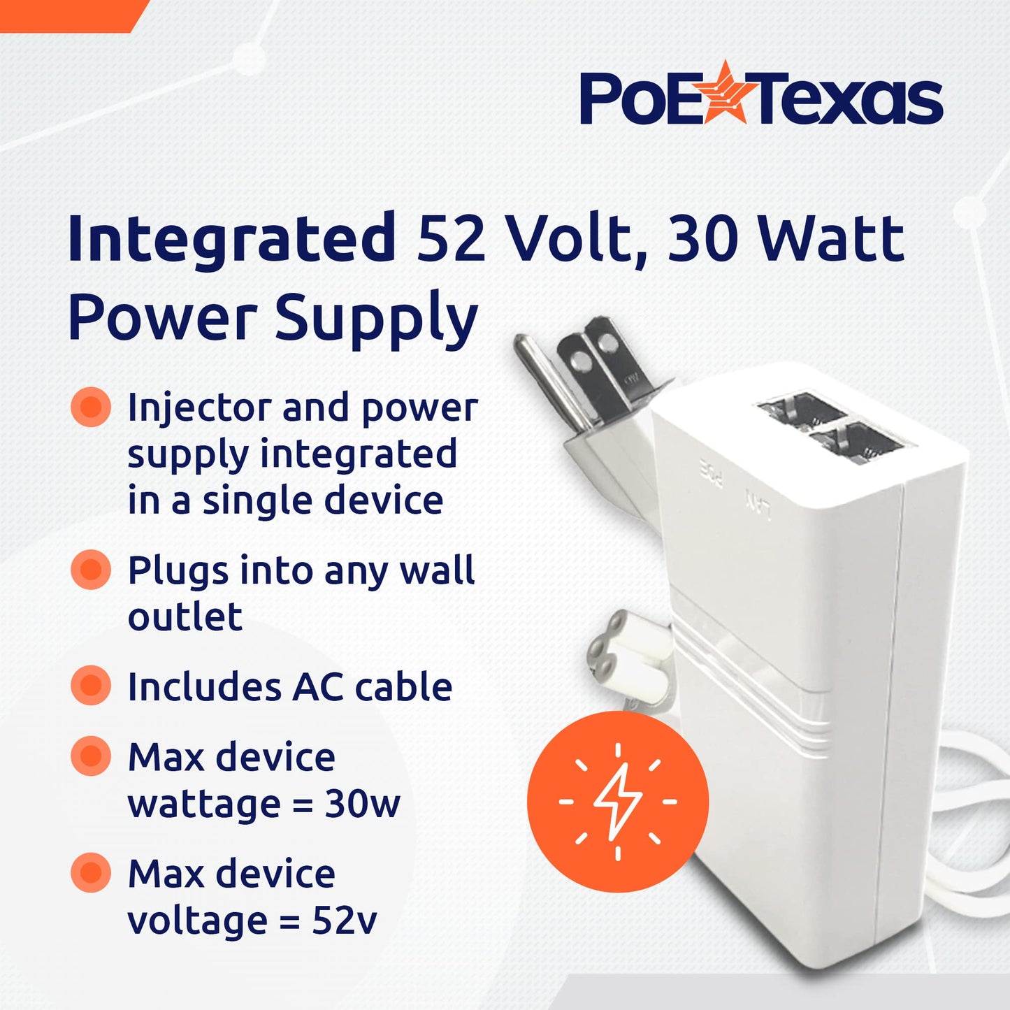 PoE Texas PoE Injector - Single Port PoE+ Power Over Ethernet PoE Adapter for 802.3at - 10/100/1000 Gigabit Data with Integrated 52V 30W Power Supply