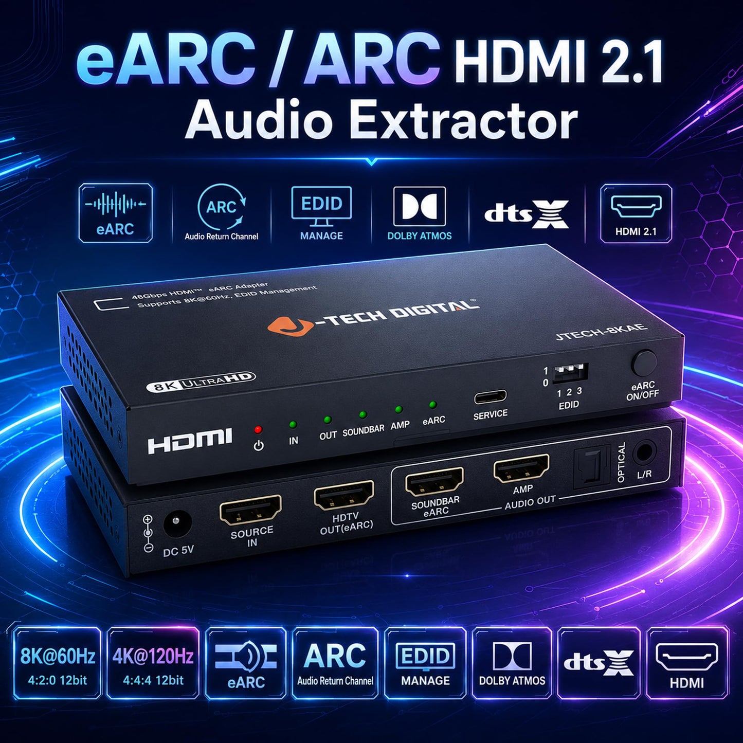 J-Tech Digital 8K HDMI Audio Extractor with eARC ARC 8K 60Hz 4K 120Hz, HDMI to Optical L/R Converter Adapter, HDCP 2.3 HDR CEC EDID [JTECH-8KAE]