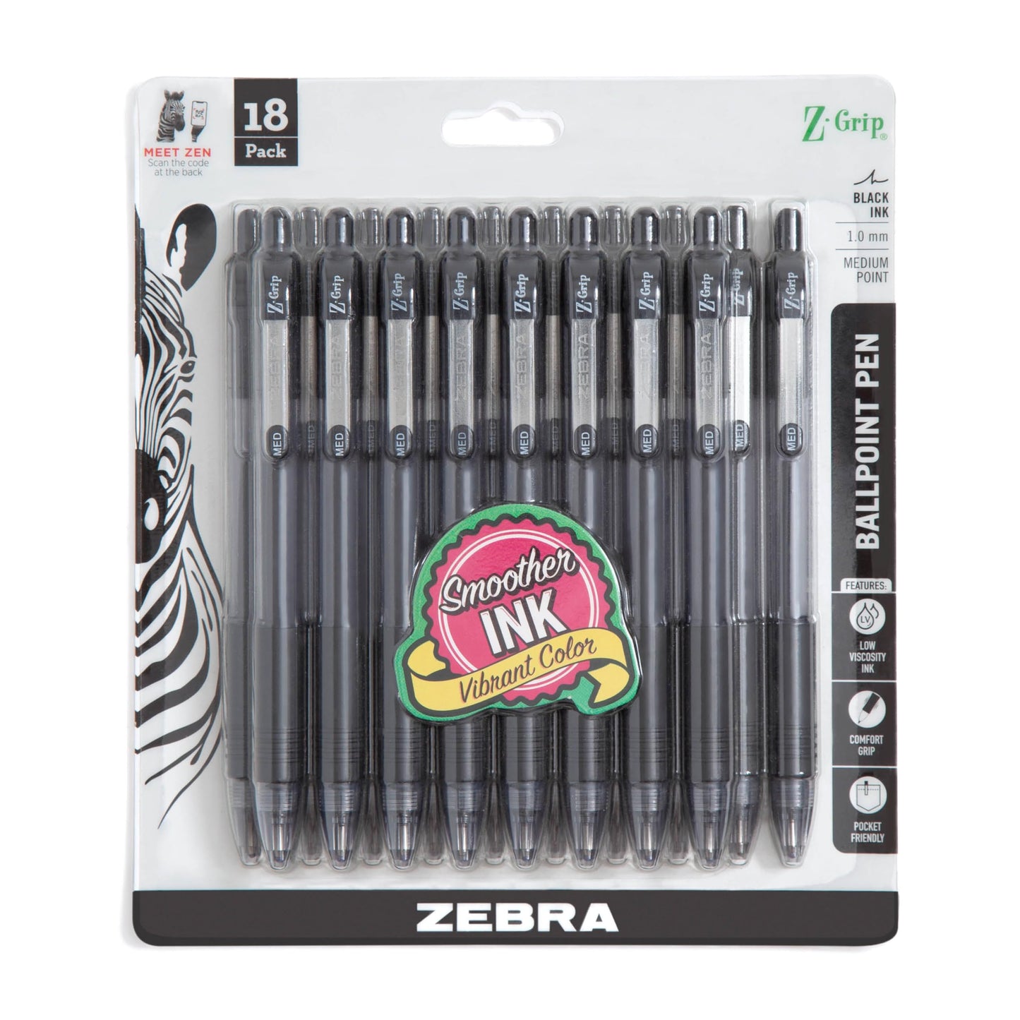 Zebra Pen Z-Grip Retractable Ballpoint Pen, Smooth-Flowing Black Ink, 1.0mm Medium Point, School & Office Supplies, Ideal for Note-Taking, Journal