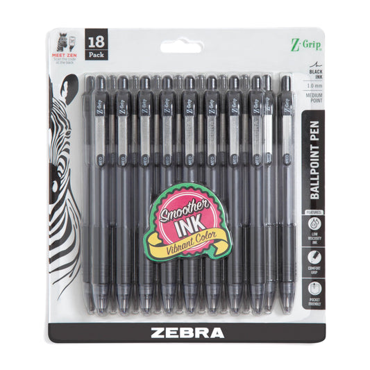 Zebra Pen Z-Grip Retractable Ballpoint Pen, Smooth-Flowing Black Ink, 1.0mm Medium Point, School & Office Supplies, Ideal for Note-Taking, Journal