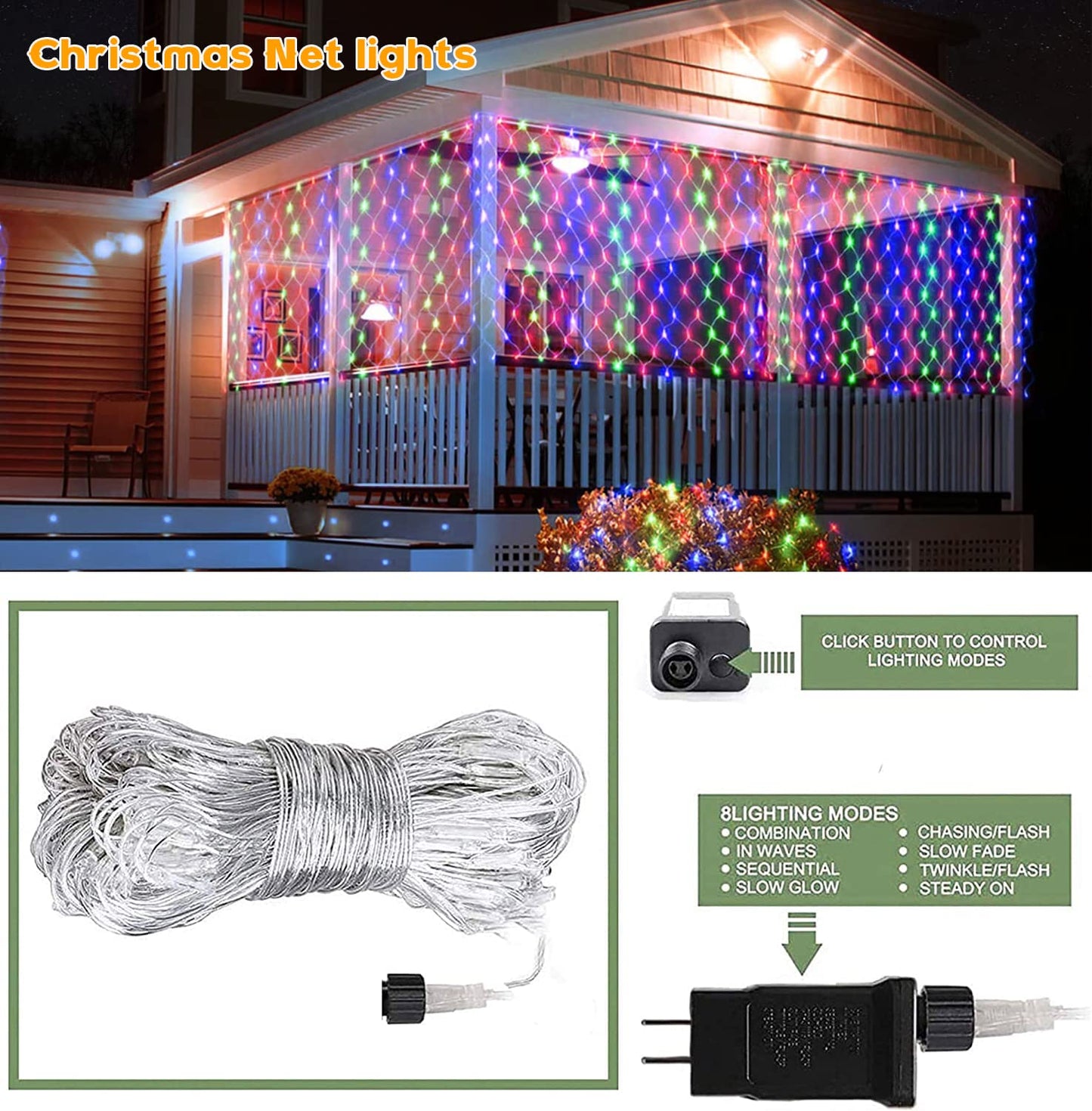 oopswow Garden Net String Lights, Outdoor 192LED 9.8ft x 6.6ft Multicolor Fairy Lights with 8 Modes, Waterproof for Patio, Tree, Fence, Wall, Lawn