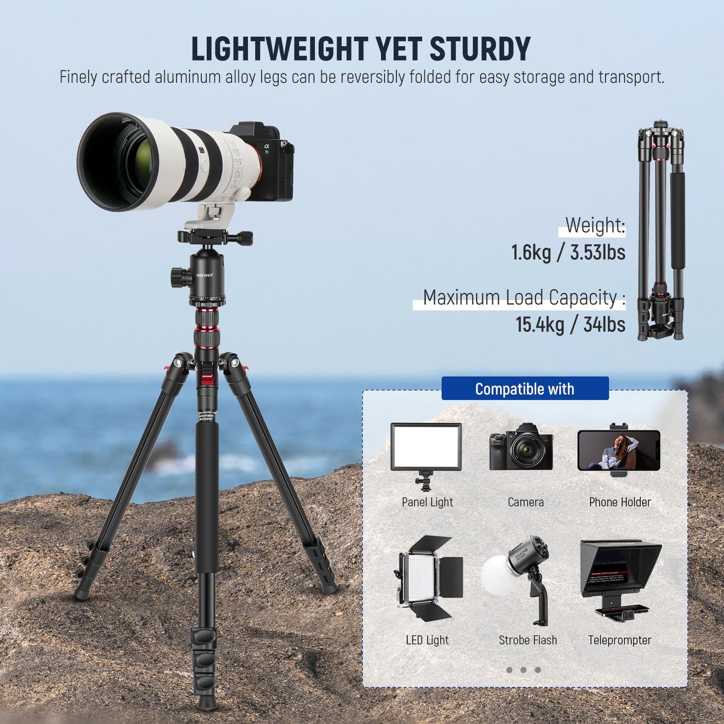 NEEWER 77 inch Camera Tripod Monopod for DSLR, Phone with 360° Panoramic Ball Head, 2 Axis Center Column, Arca Type QR Plate, Bag, Compact Aluminum