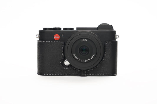 Leica CL Case, BolinUS Handmade Genuine Real Leather Half Camera Case Bag Cover for Leica CL Camera Bottom Opening Version + Hand Strap -Black