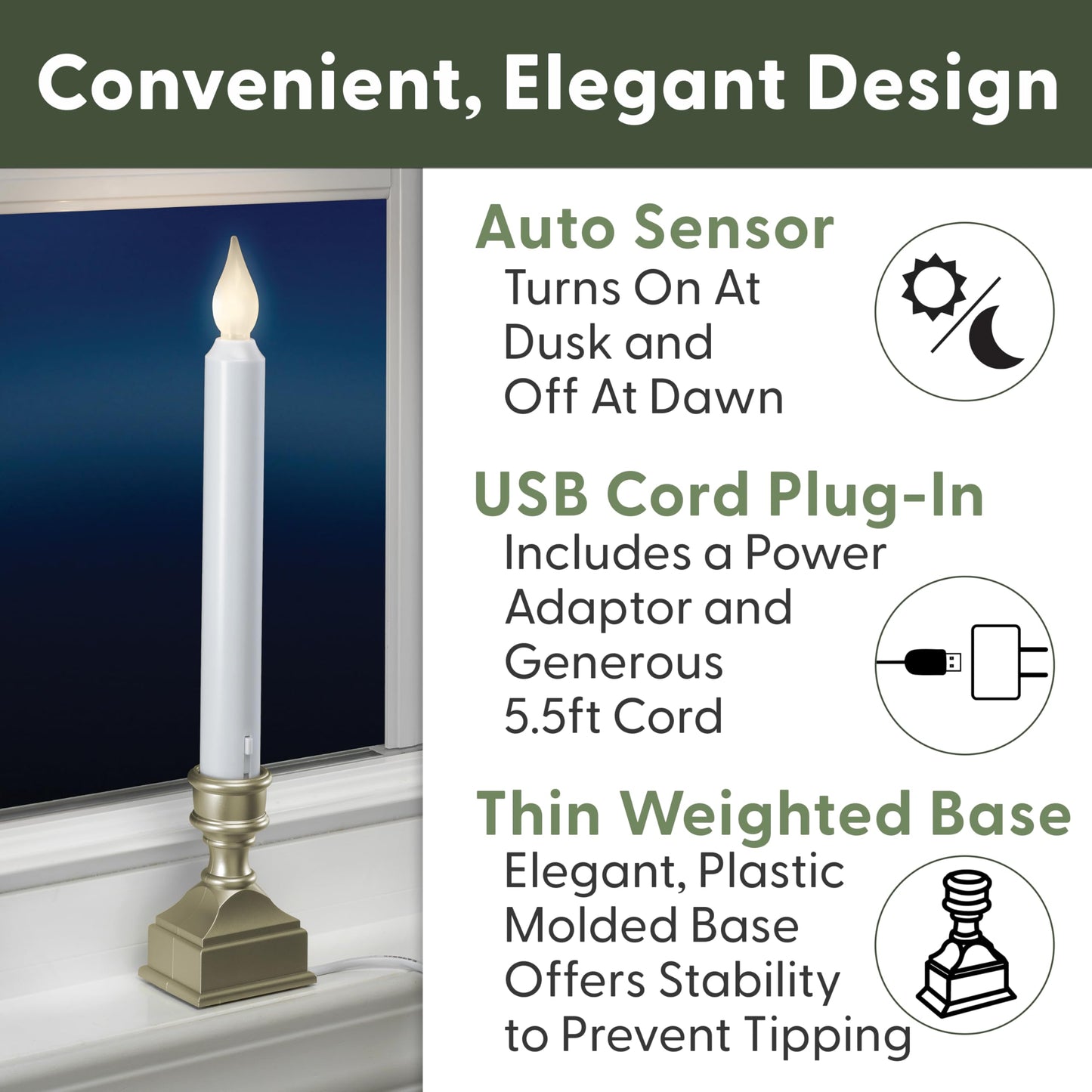 612 Vermont LED Electric Window Candles with Bright Hot Spot, Sensor Dusk to Dawn, Flicker Flame or Steady On, USB Low Voltage Adapter, VT-1270P-4
