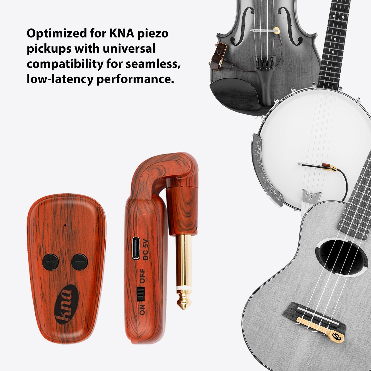 KNA U-Wi Universal Wireless System, Guitar, Bass, Violin, Acoustic and Electric Instruments, UHF Wireless Audio for Piezo Pickups, 50m Range