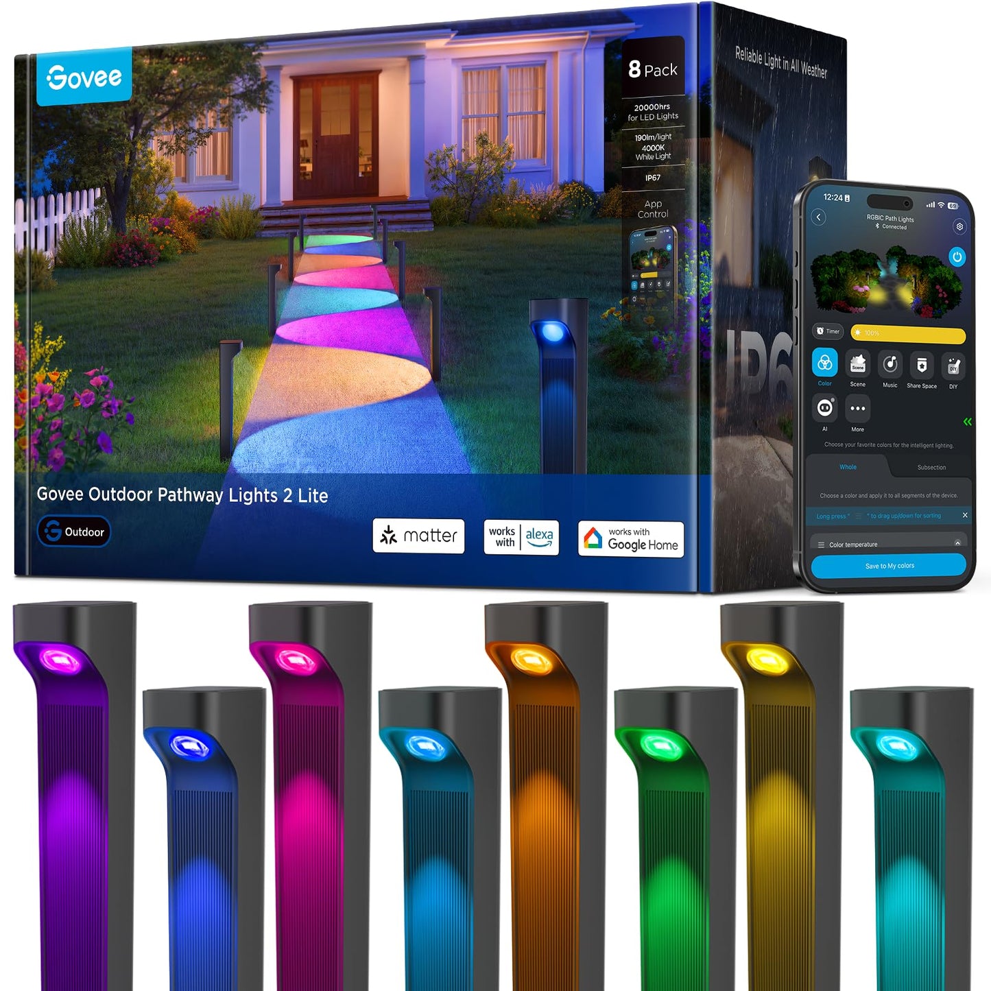 Govee Outdoor Pathway Lights 2 Lite 8 pack, IP67 Waterproof, 16 Million Colors, 60+ Scene Modes Patio Lights for Path,Landscape Lighting, Outdoor