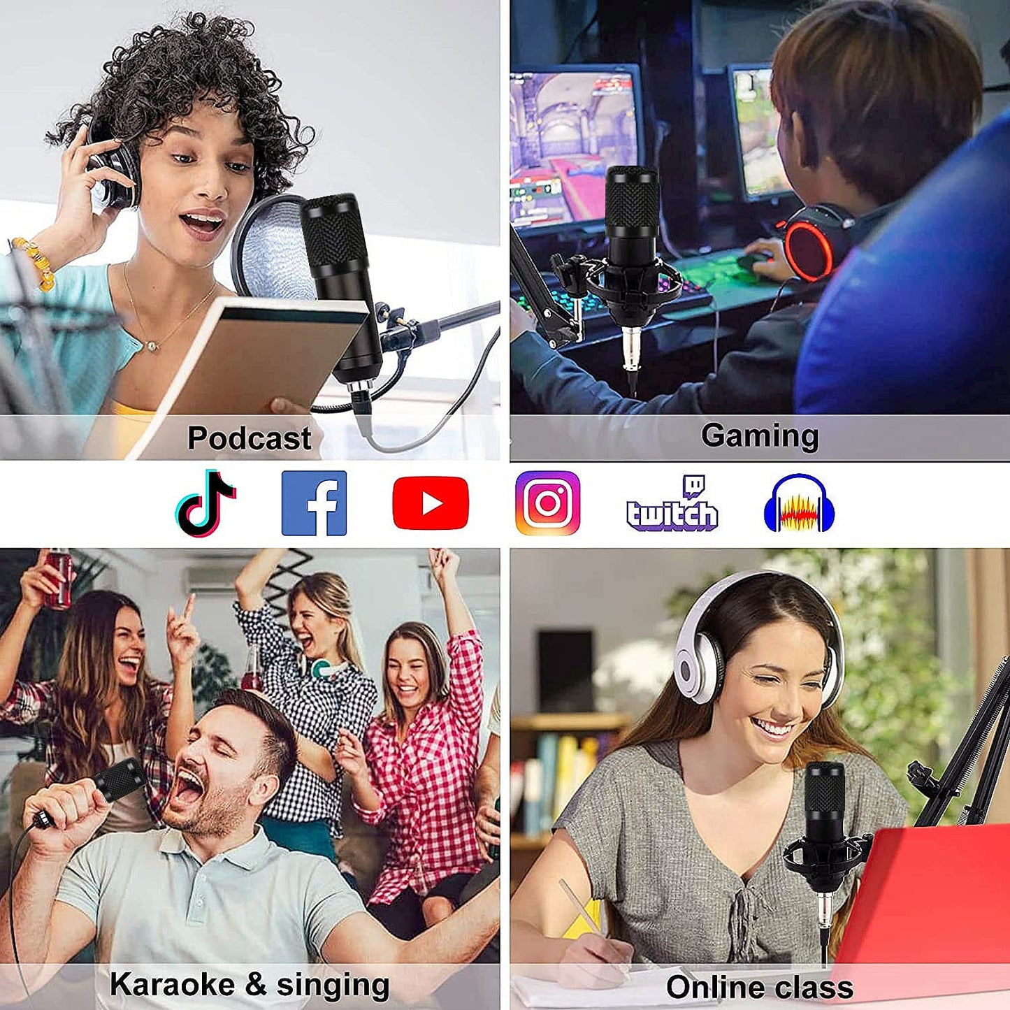 Podcast Equipment Bundle, BM-800 Mic Kit with Live Sound Card, Adjustable Mic Suspension Scissor Arm, Metal Shock Mount and Double-Layer Pop Filter